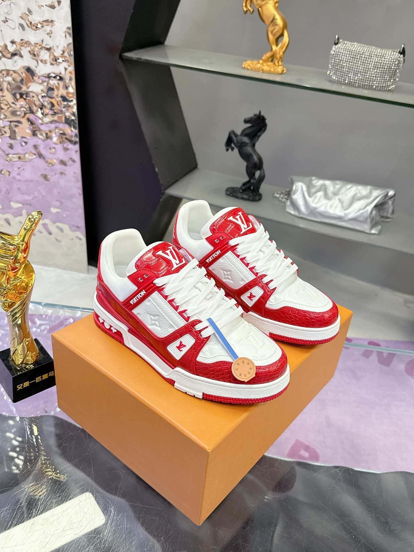 Louis Vuitton LV Trainer Red White Crocodile Embossed Sneakers