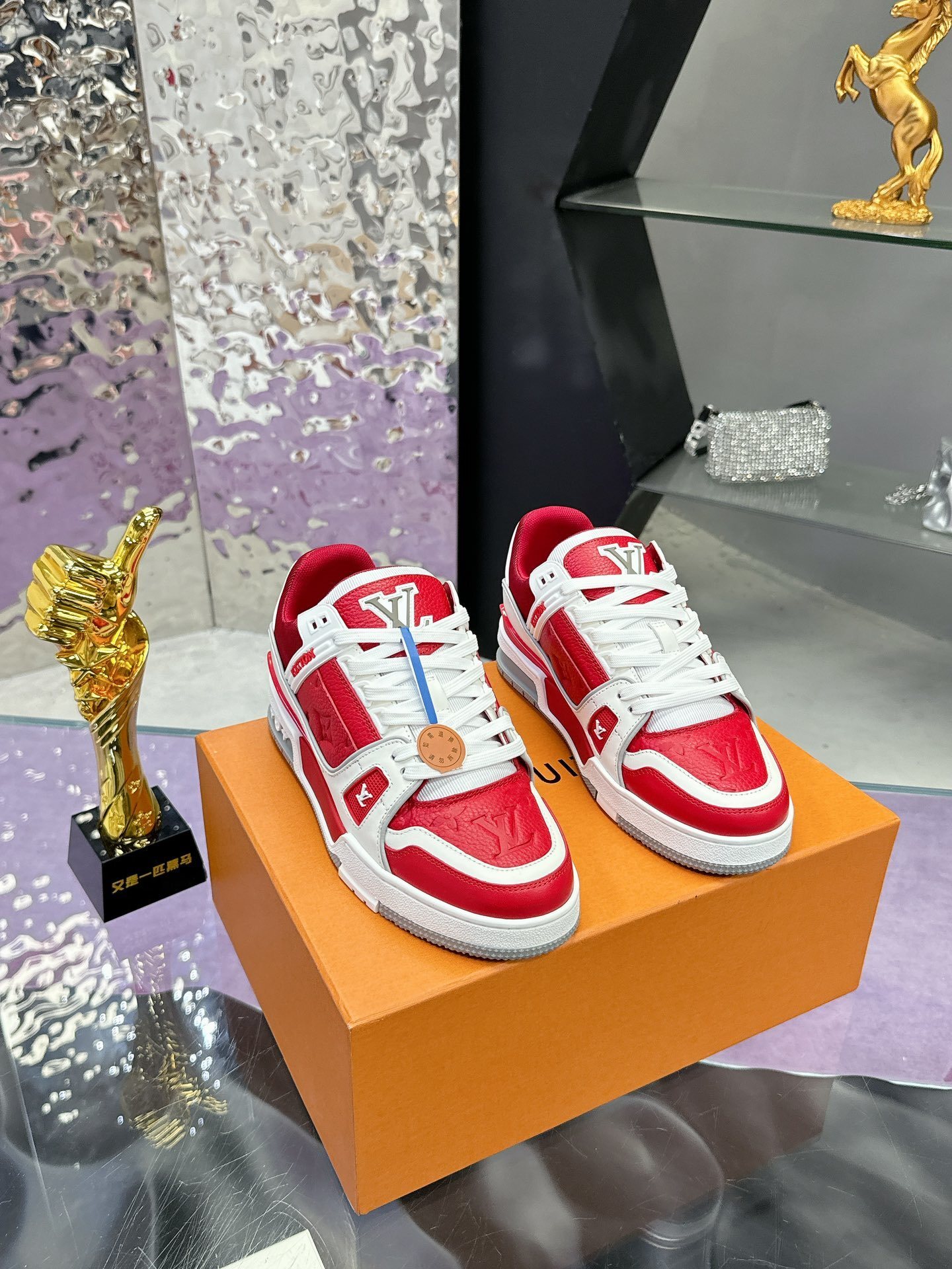 Louis Vuitton Trainer Sneakers Red White Grained Leather