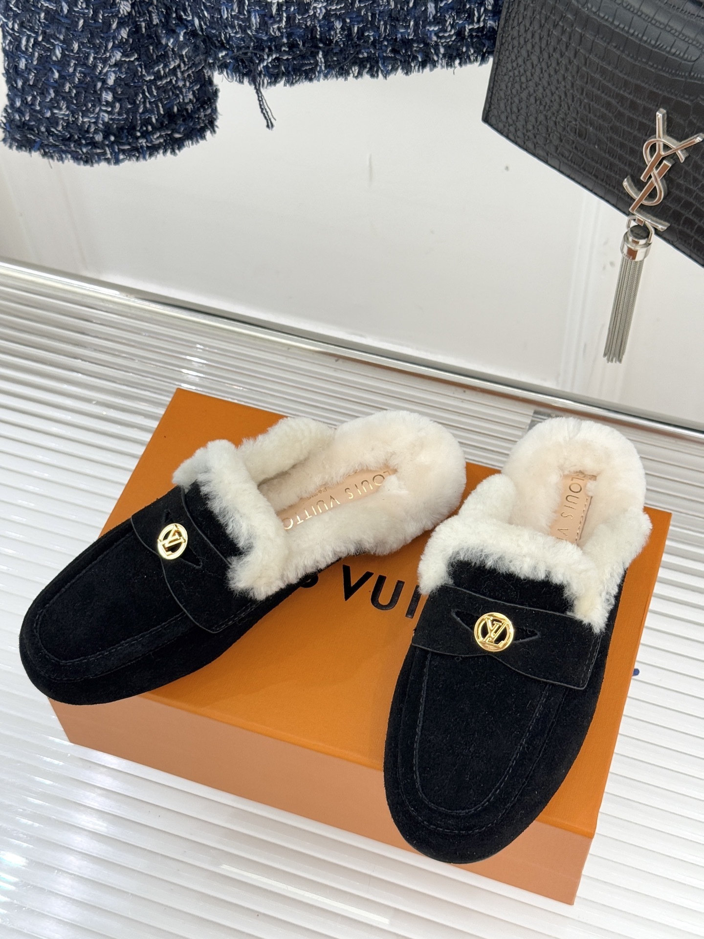Luxury Women's Black Suede Fur-Lined Loafer Mules with Gold Logo