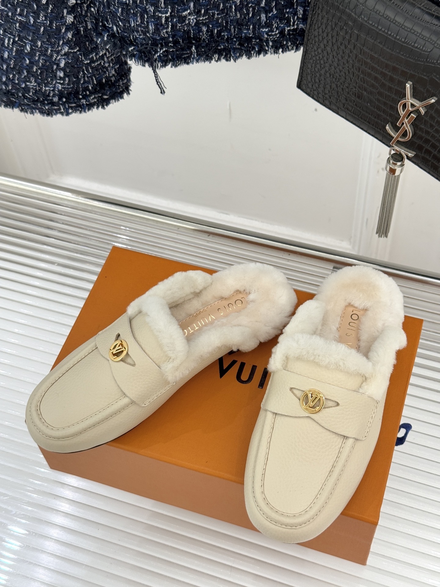 Luxury Women's Fur-Lined Leather Mules - Cream Slip-On Loafers