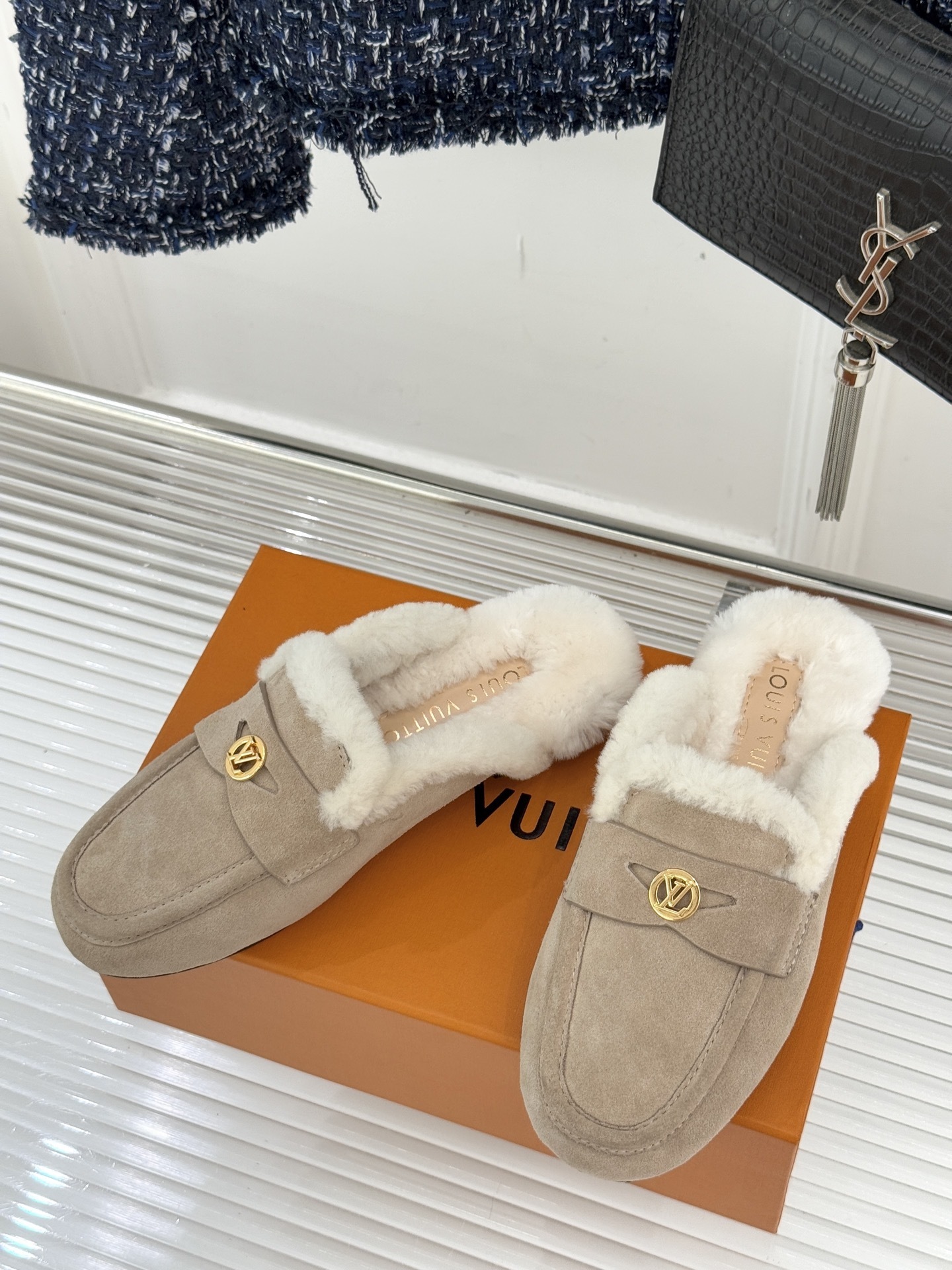 Luxury Women's Beige Suede Fur Loafers - LV Shearling Mules