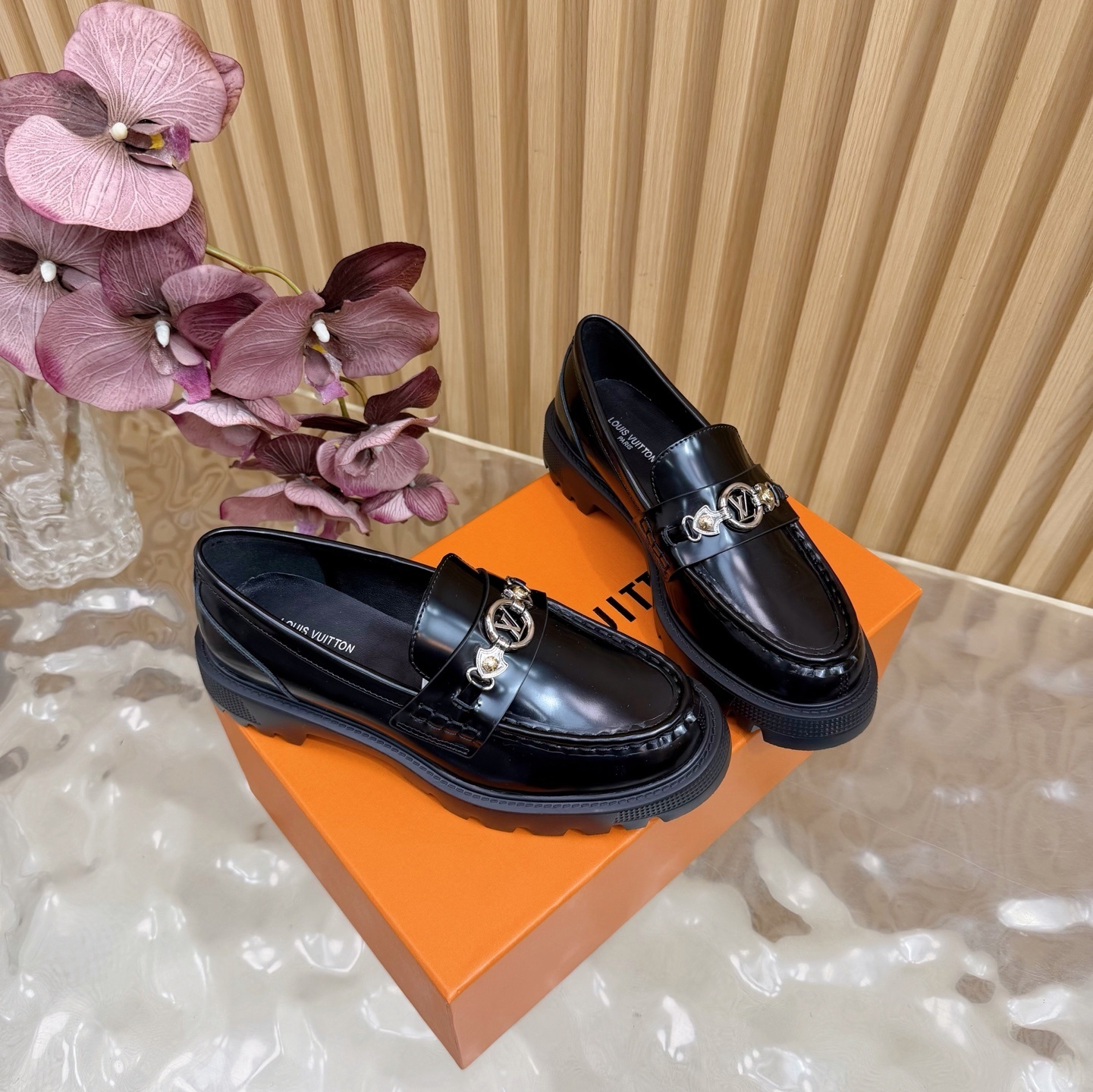 Women's Luxury Black Chunky Loafers - Shiny Leather Platform Shoes