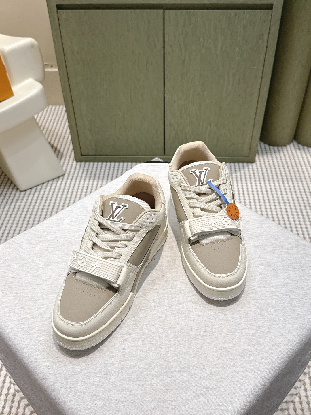 Louis Vuitton Beige Leather Trainer Sneakers with Monogram Strap