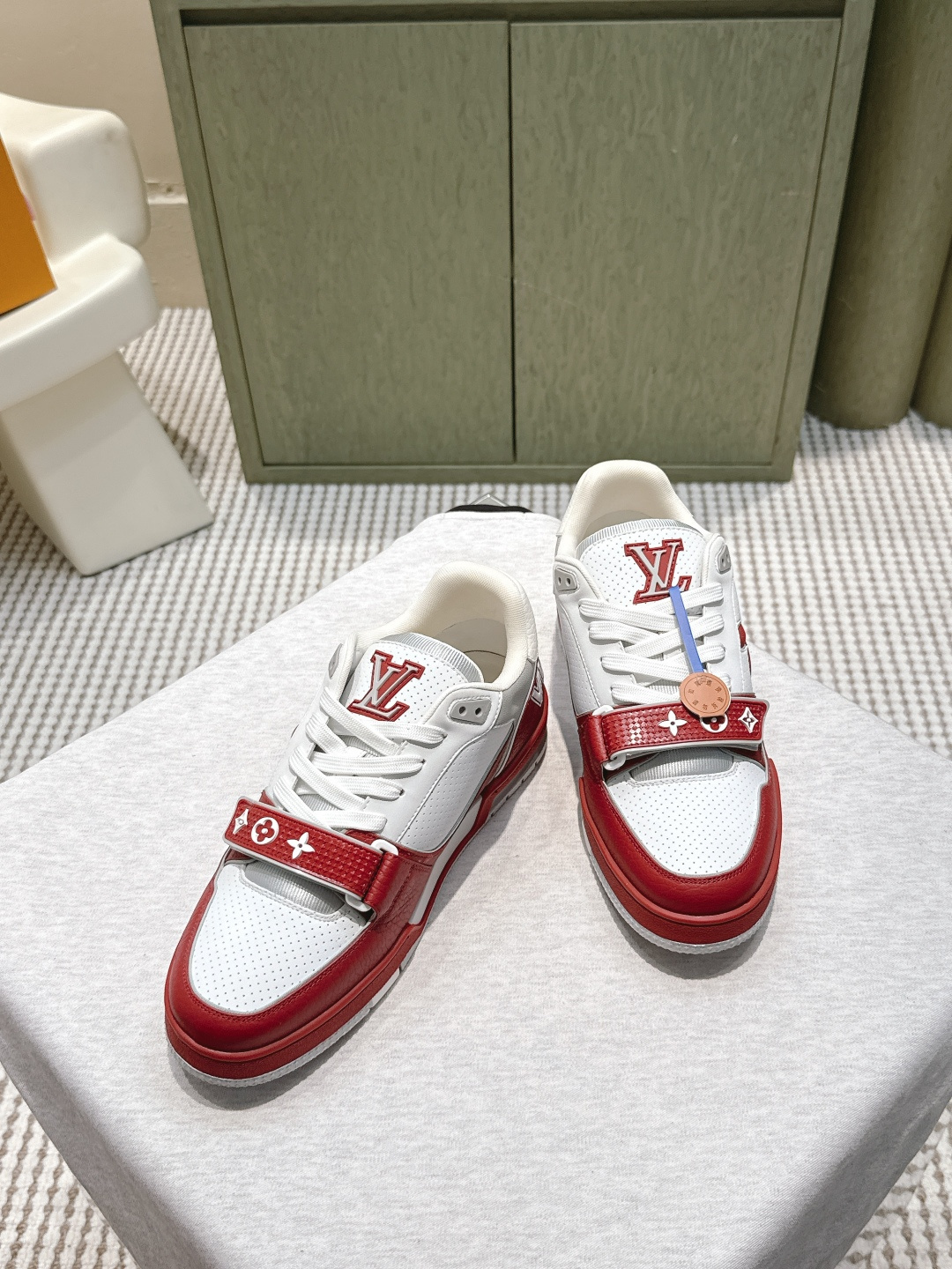 LV Trainer Sneaker White Red Leather with Velcro Monogram Strap