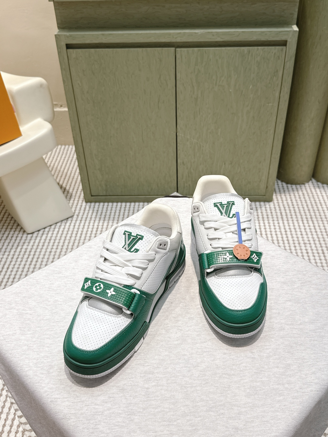 Luxury LV Trainer Sneakers in Green and White Perforated Leather