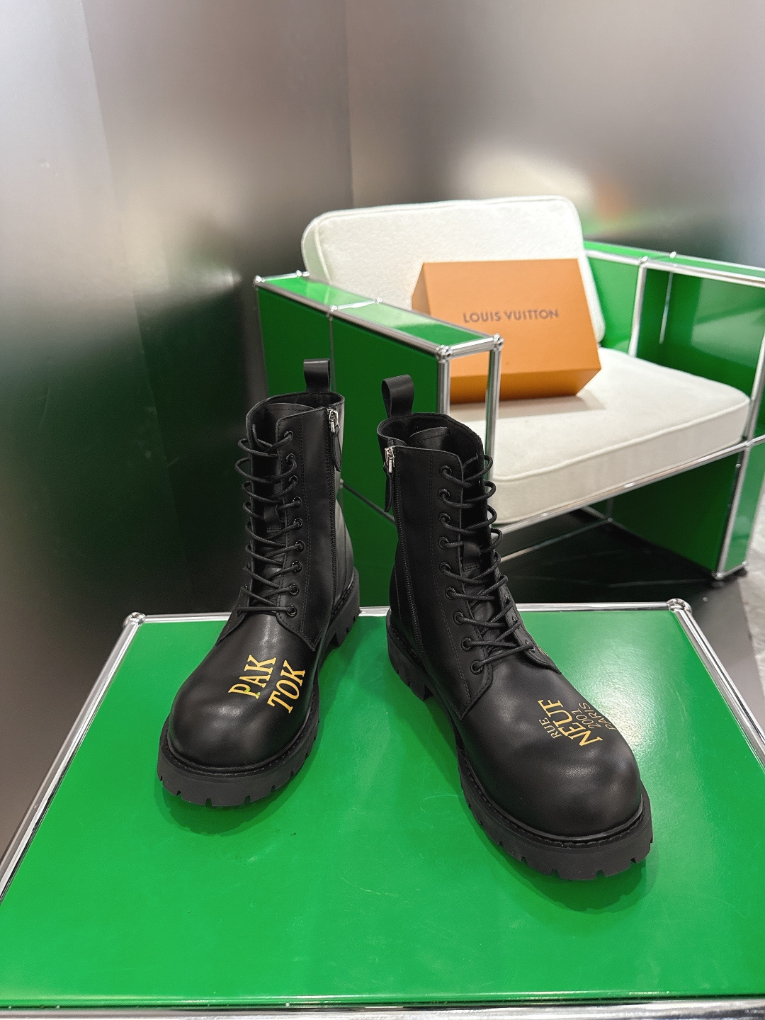 Louis Vuitton Black Leather Rue Neuf Combat Ranger Boots