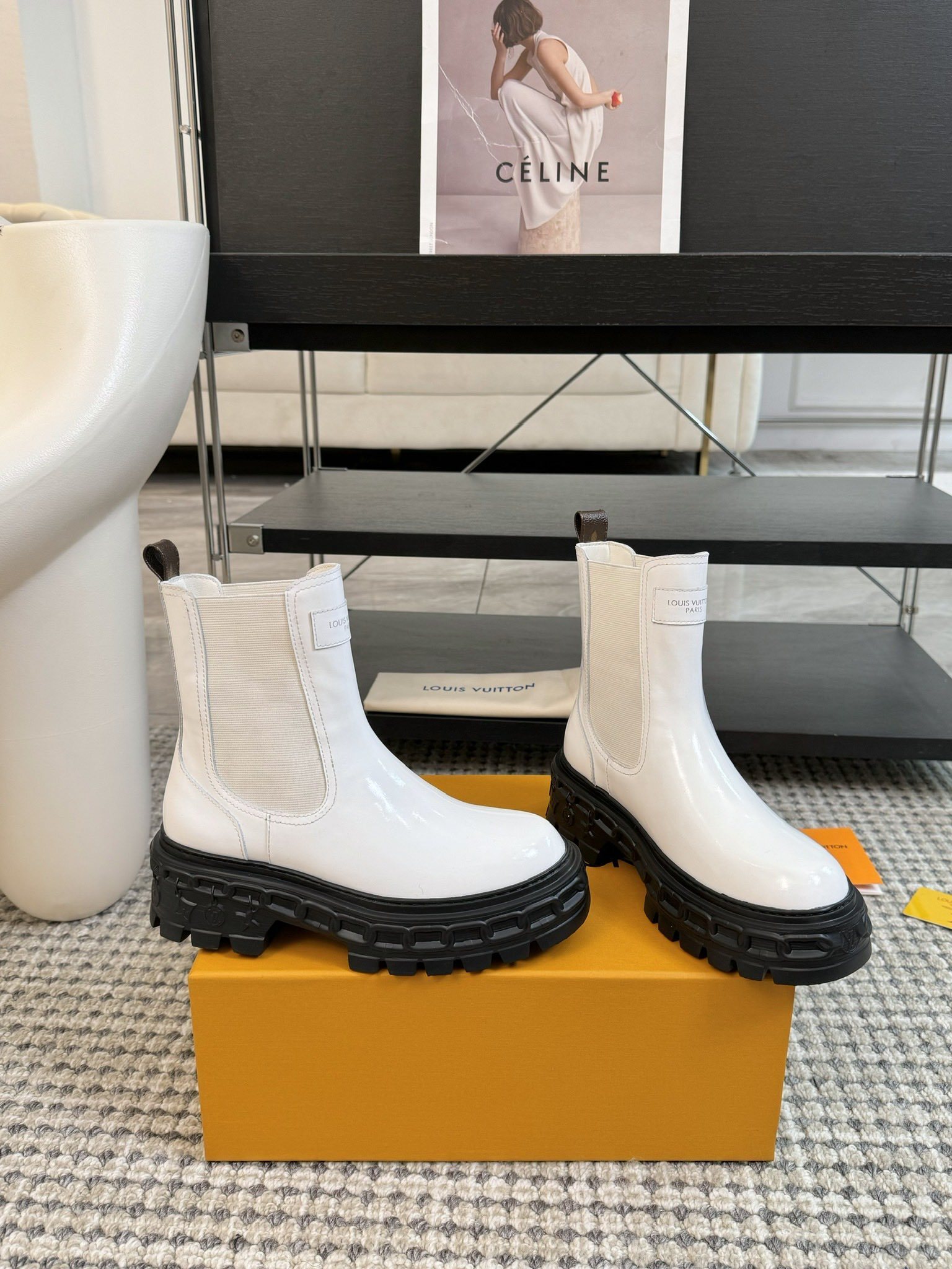 Louis Vuitton White Patent Leather Lug Sole Chelsea Boots