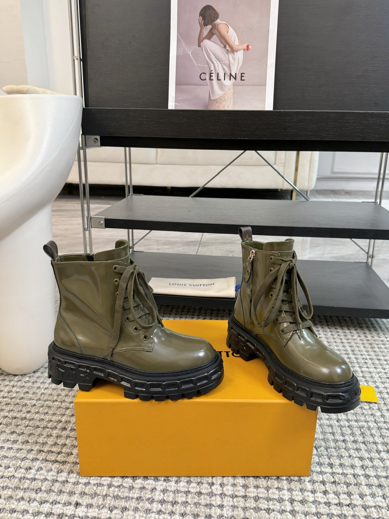 Louis Vuitton Olive Green Leather Combat Boots with Platform Sole