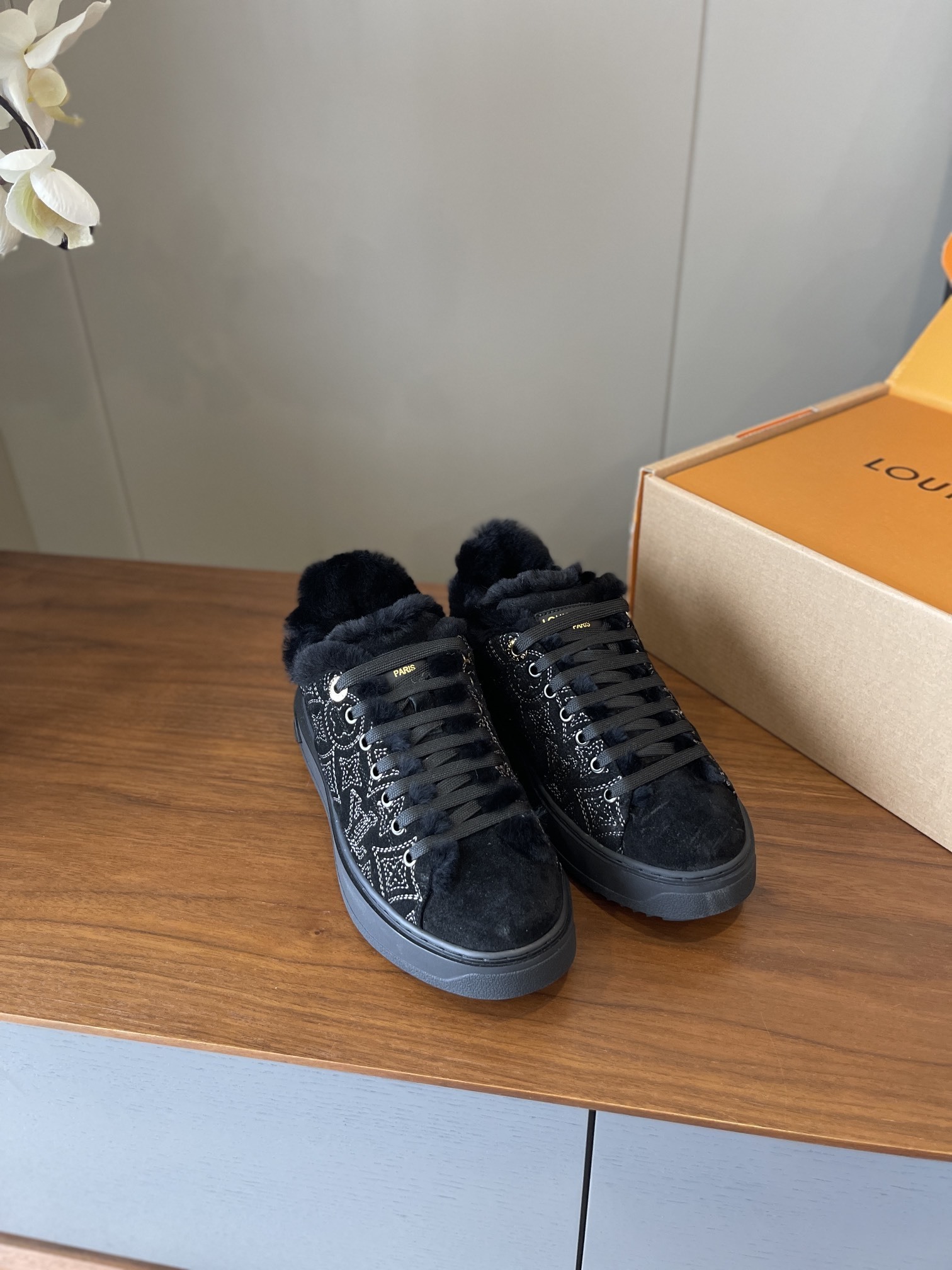 Louis Vuitton Time Out Black Monogram Shearling-Lined Sneakers