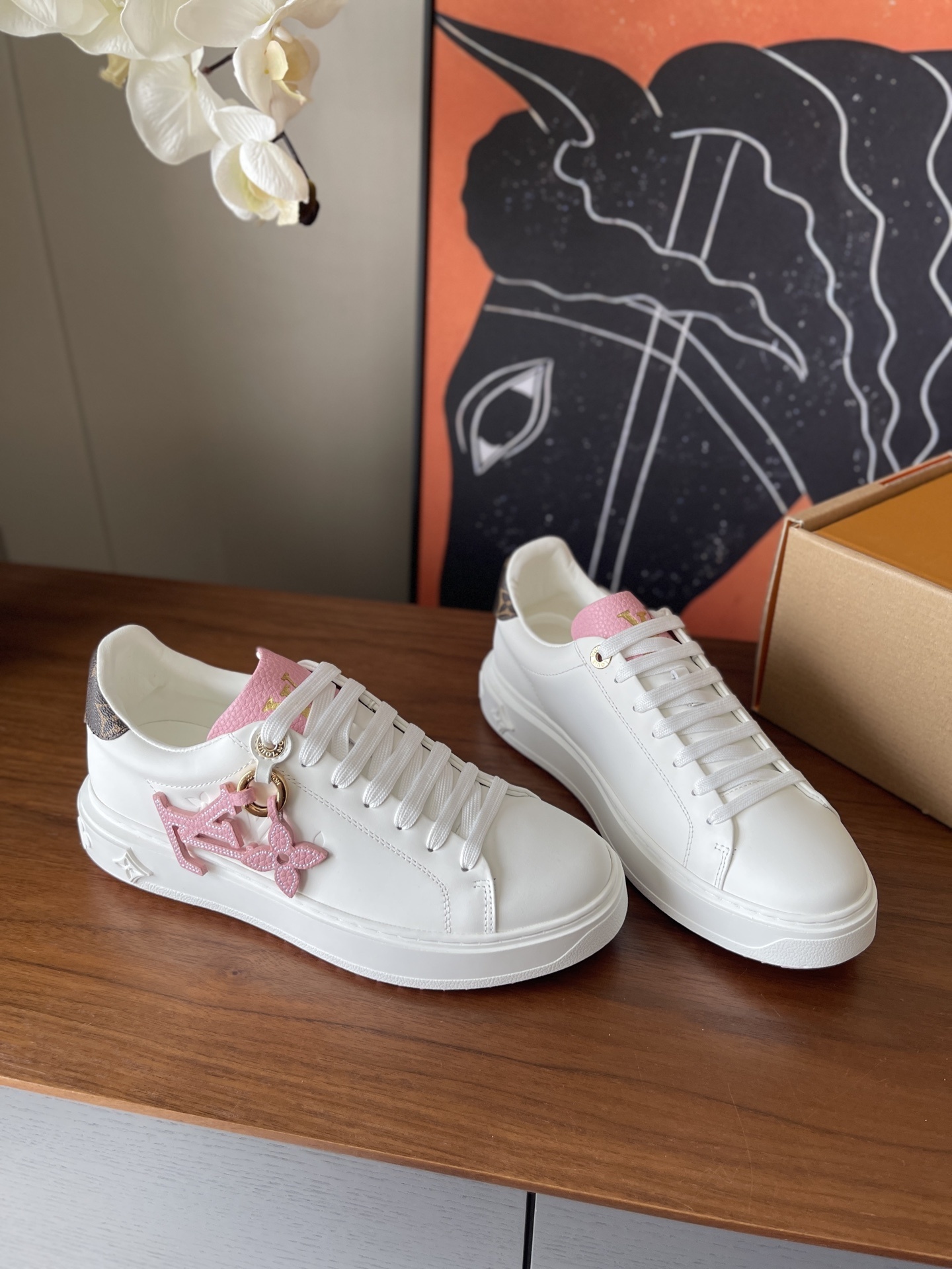 LV Time Out White Leather Sneakers with Pink Floral Charm