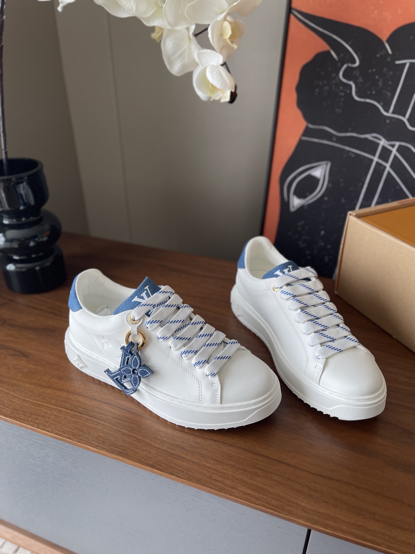 Louis Vuitton Time Out Sneaker - White Leather with Blue Denim Charm