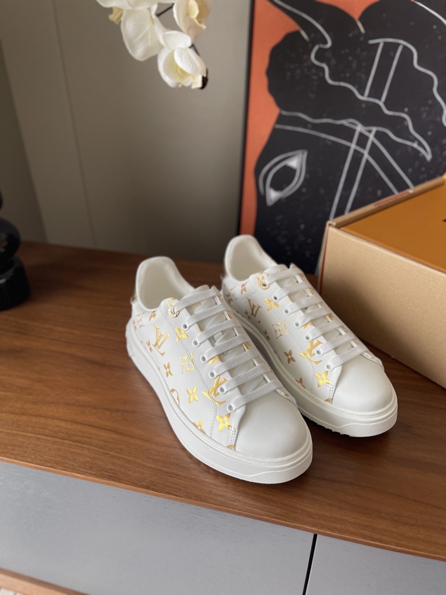 Louis Vuitton White & Gold Monogram Luxury Platform Sneakers