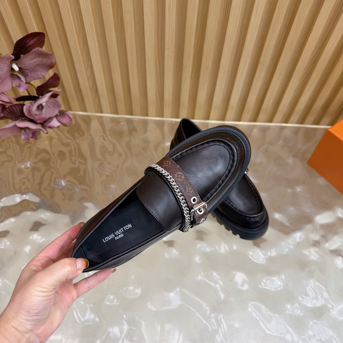 Luxury Black Chunky Platform Loafers with Monogram Chain Detail