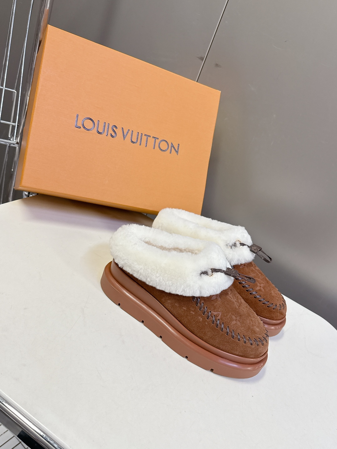 Louis Vuitton Brown Monogram Suede Mules with White Shearling Trim