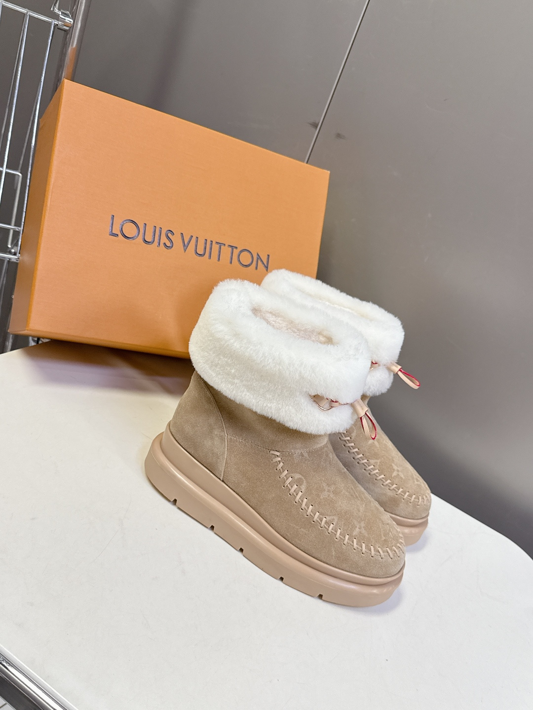 Louis Vuitton Monogram Suede Shearling Ankle Boots - Beige