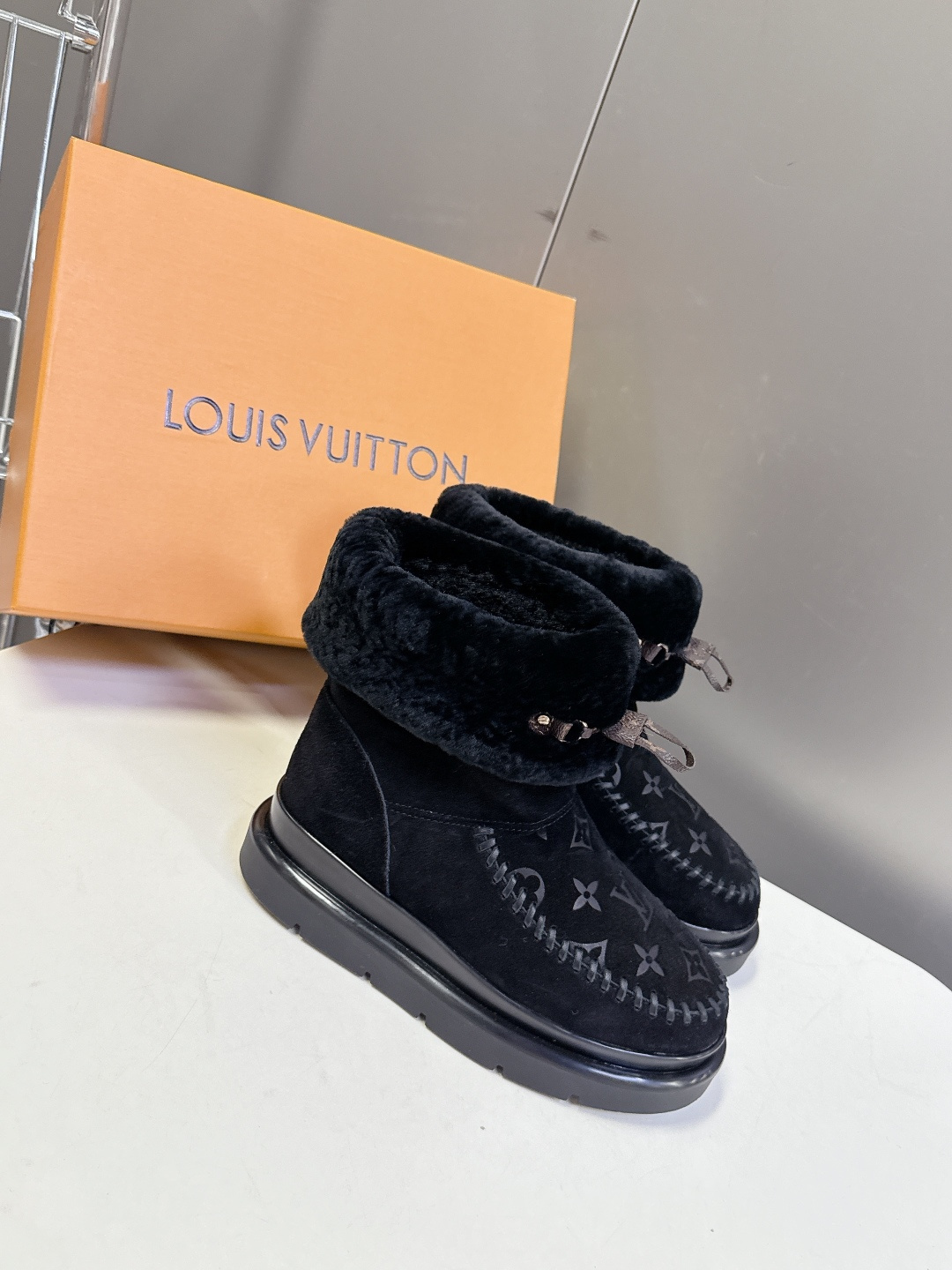 Louis Vuitton Black Monogram Shearling Suede Winter Boots