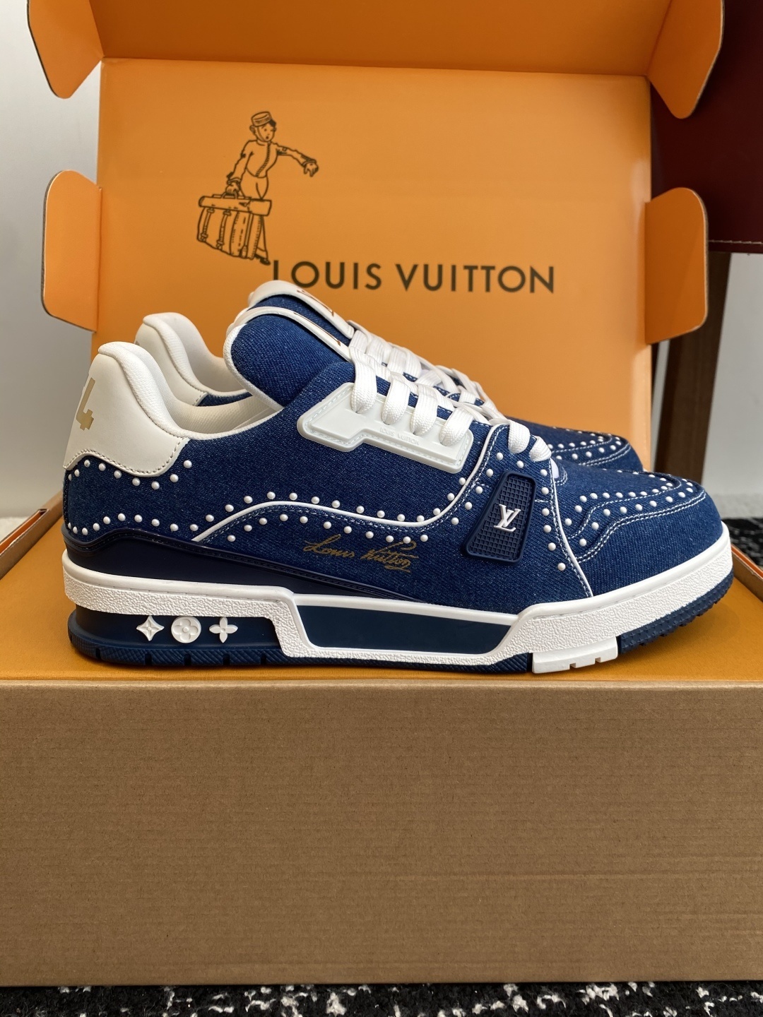 Louis Vuitton LV Trainer Blue Denim Sneakers with Pearl Detailing