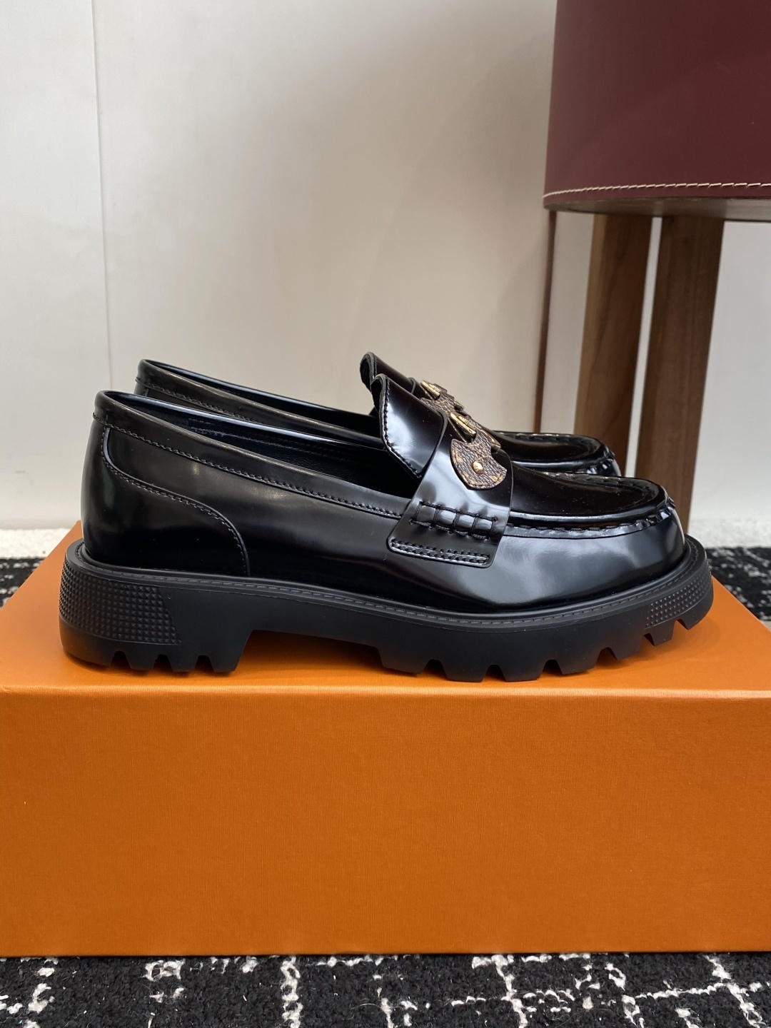 Louis Vuitton Academy Loafers in Black Leather with Monogram Strap