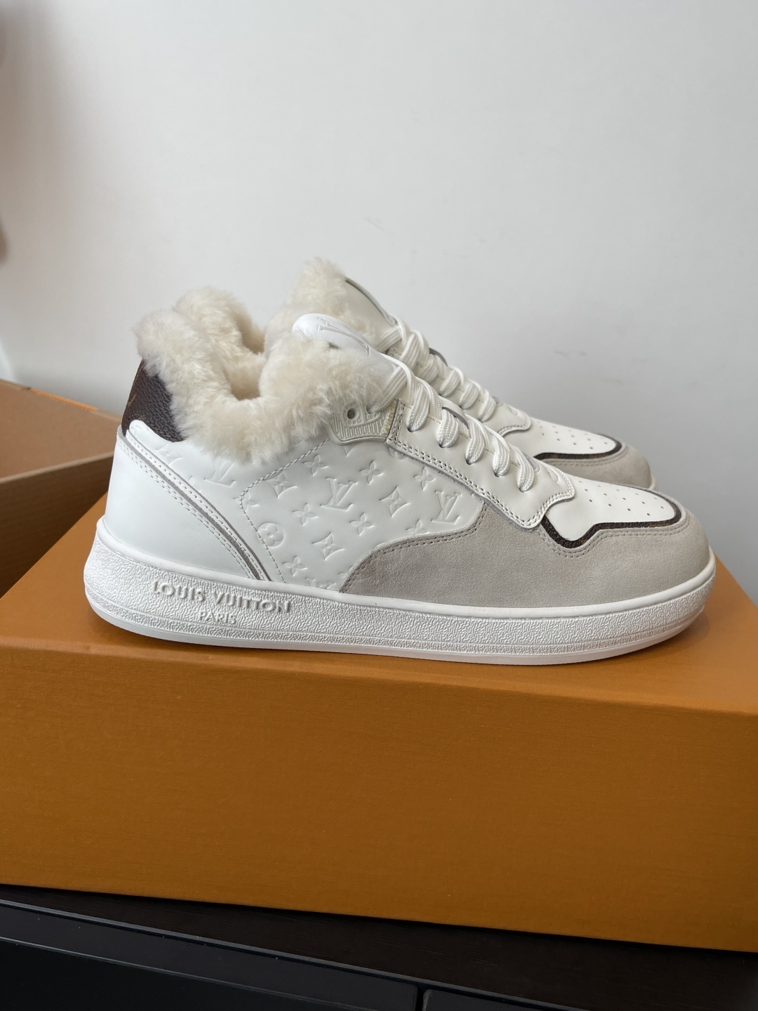 Louis Vuitton White Leather & Shearling Trim Luxury Sneakers