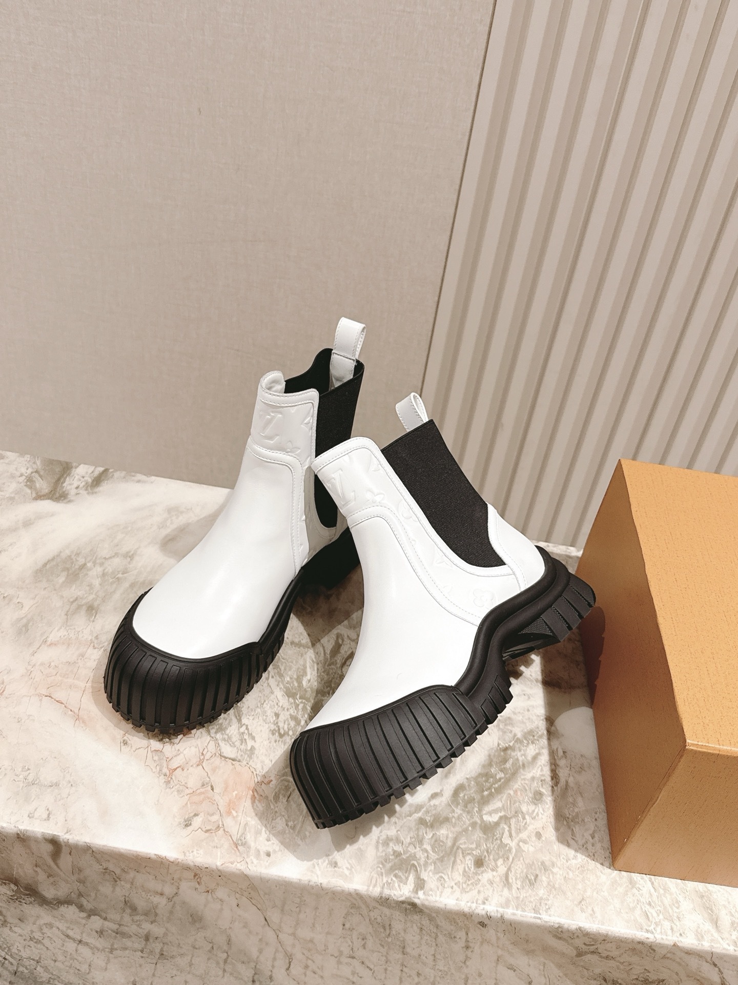 Louis Vuitton White Leather Ankle Boots with Black Chunky Platform