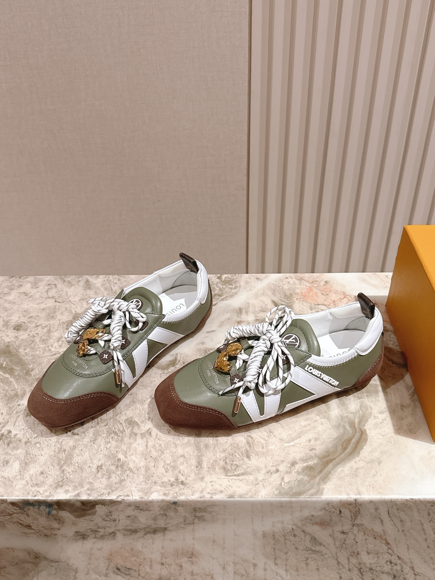 Louis Vuitton Olive Green Leather and Suede Sneakers with Charms