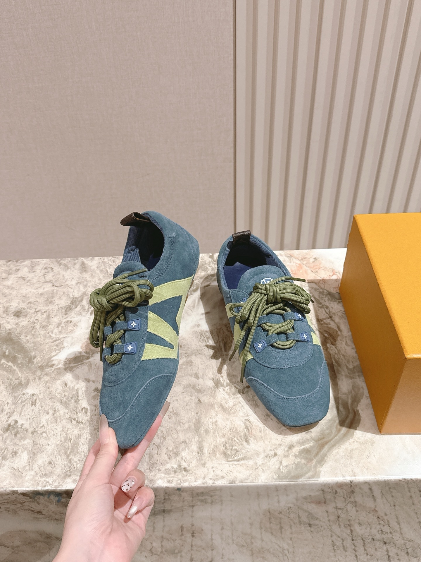 Luxury Blue Suede Low-Top Sneakers with Olive Green Accents