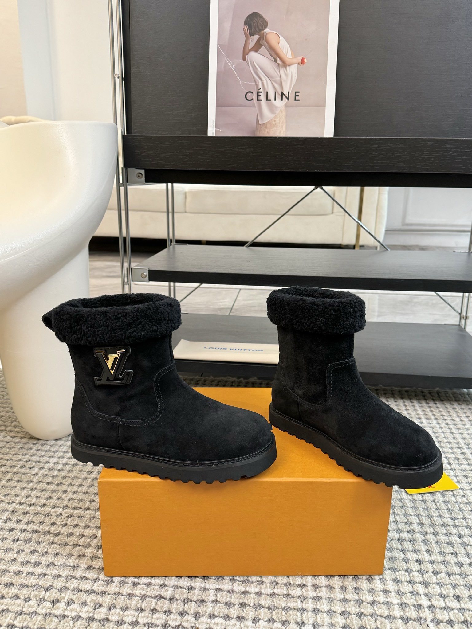 Louis Vuitton Women's Black Suede Shearling Ankle Boots