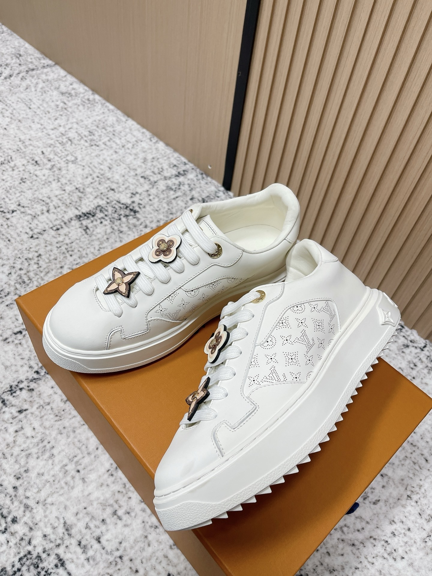 Luxury White Leather Sneakers with Monogram Floral Charms