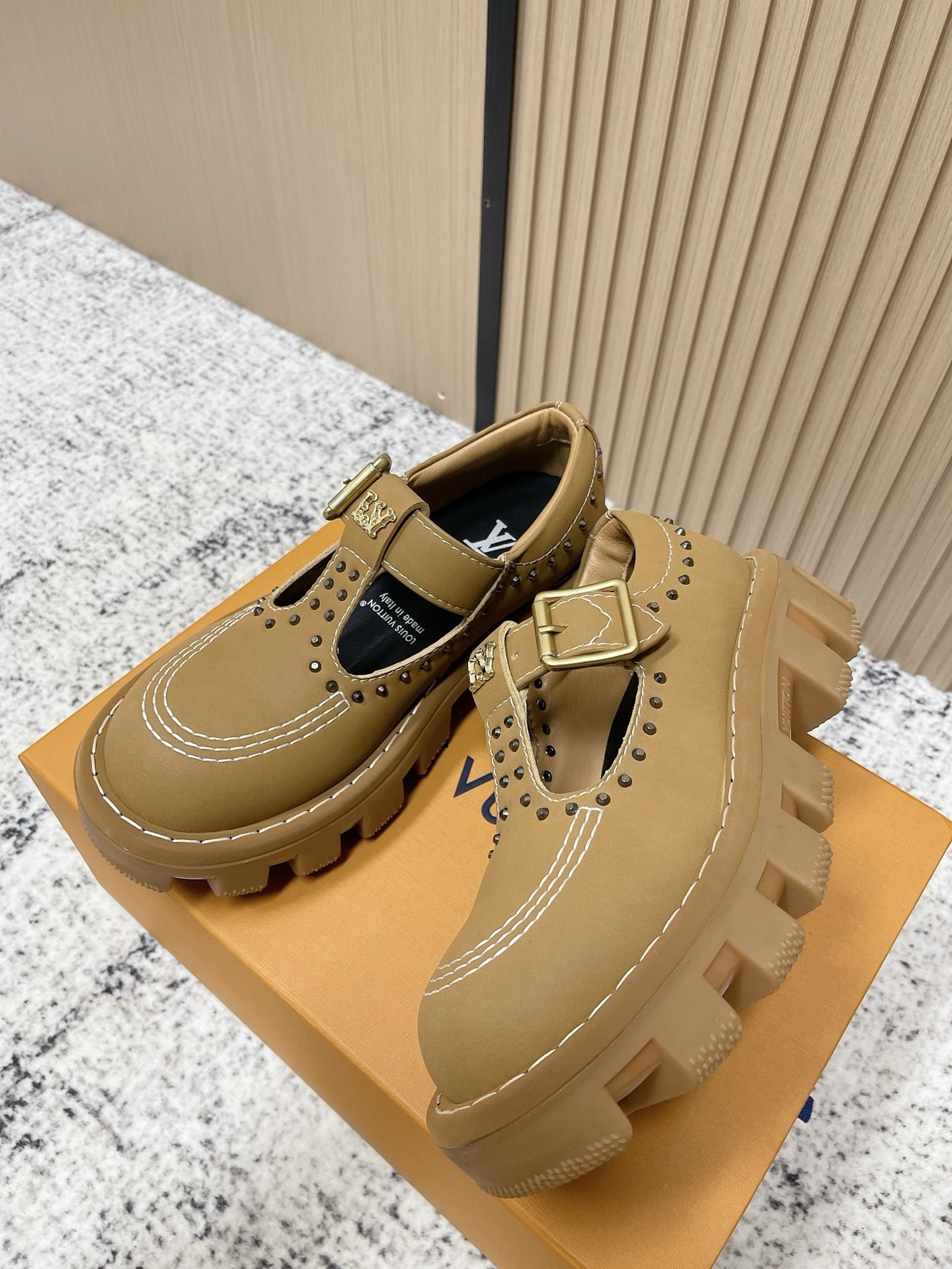 Louis Vuitton Tan Leather Studded T-Strap Loafers with Lug Sole