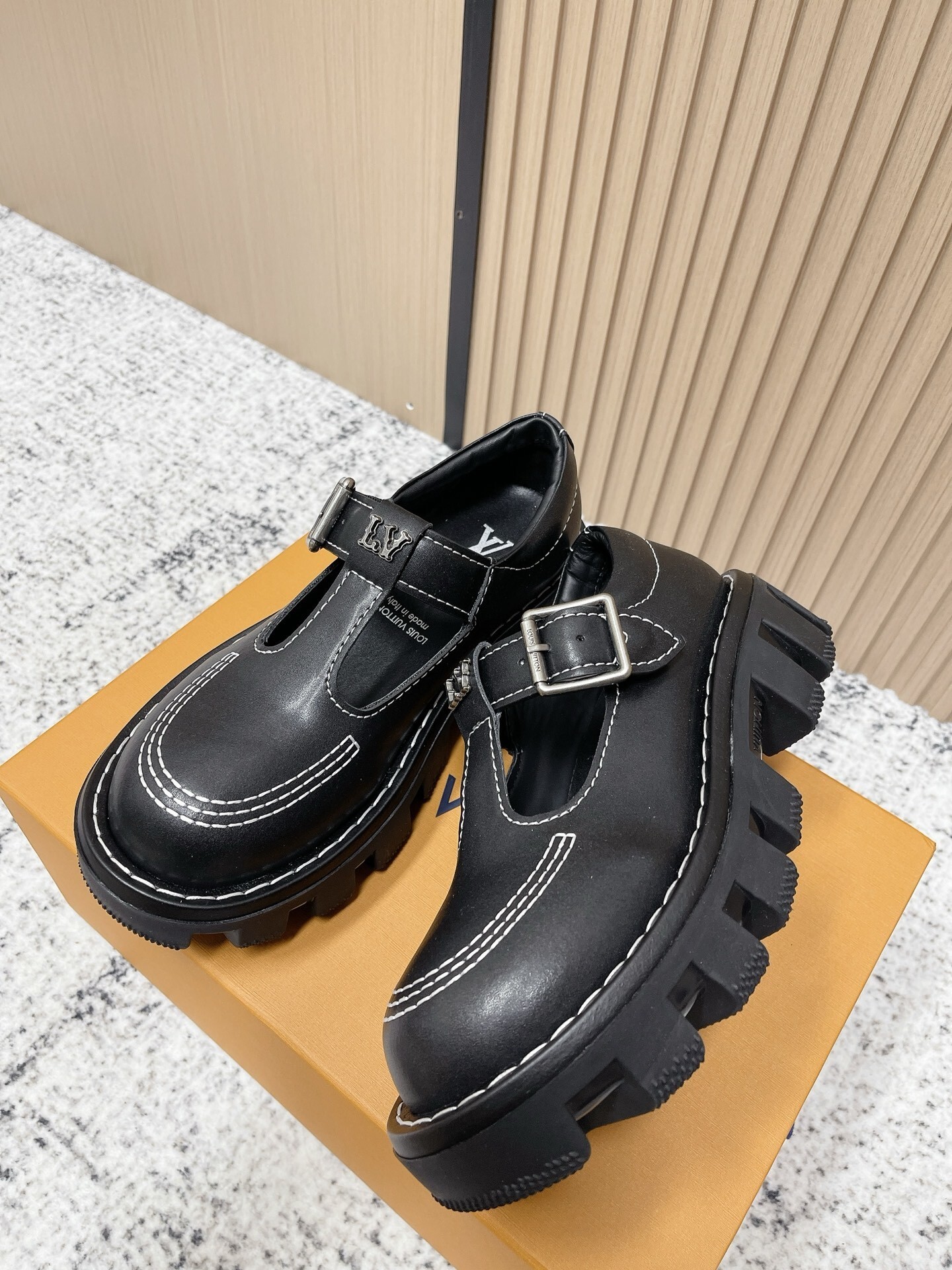 Louis Vuitton Women's Black Leather T-Strap Platform Mary Jane Shoes