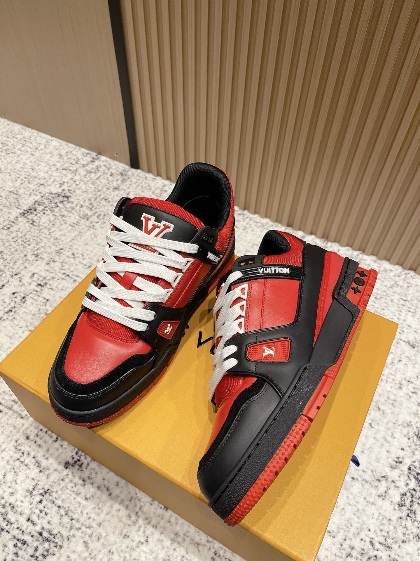 LV Trainer Sneakers - Premium Red, Black & White Luxury Shoes