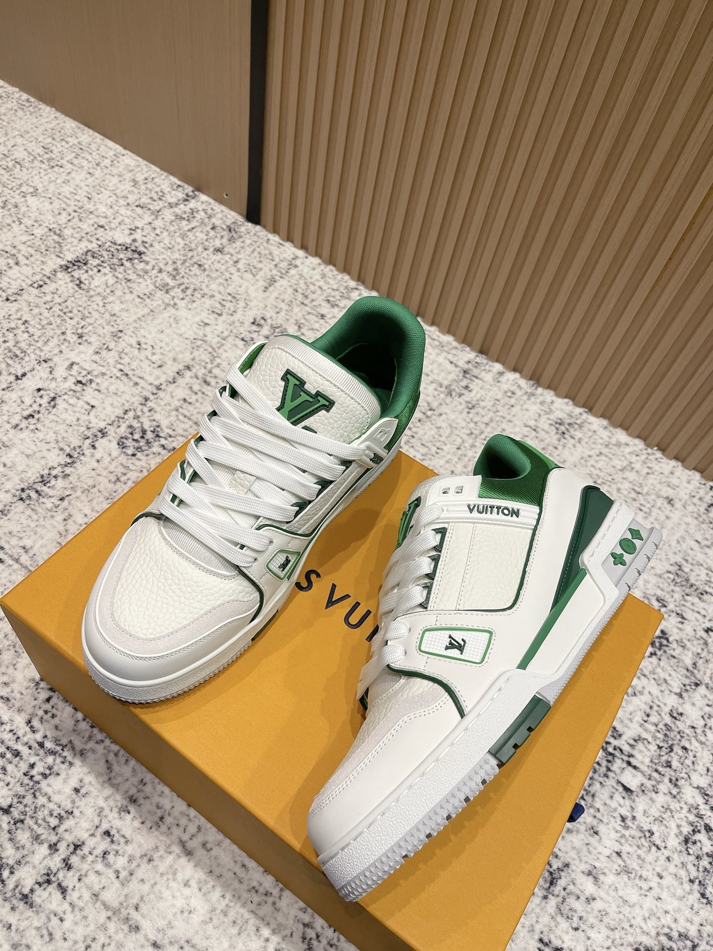 Louis Vuitton LV Trainer White Green Grained Leather Sneakers