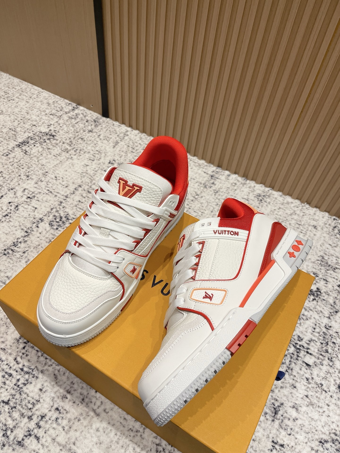 Louis Vuitton LV Trainer Sneakers - White & Red Grained Leather