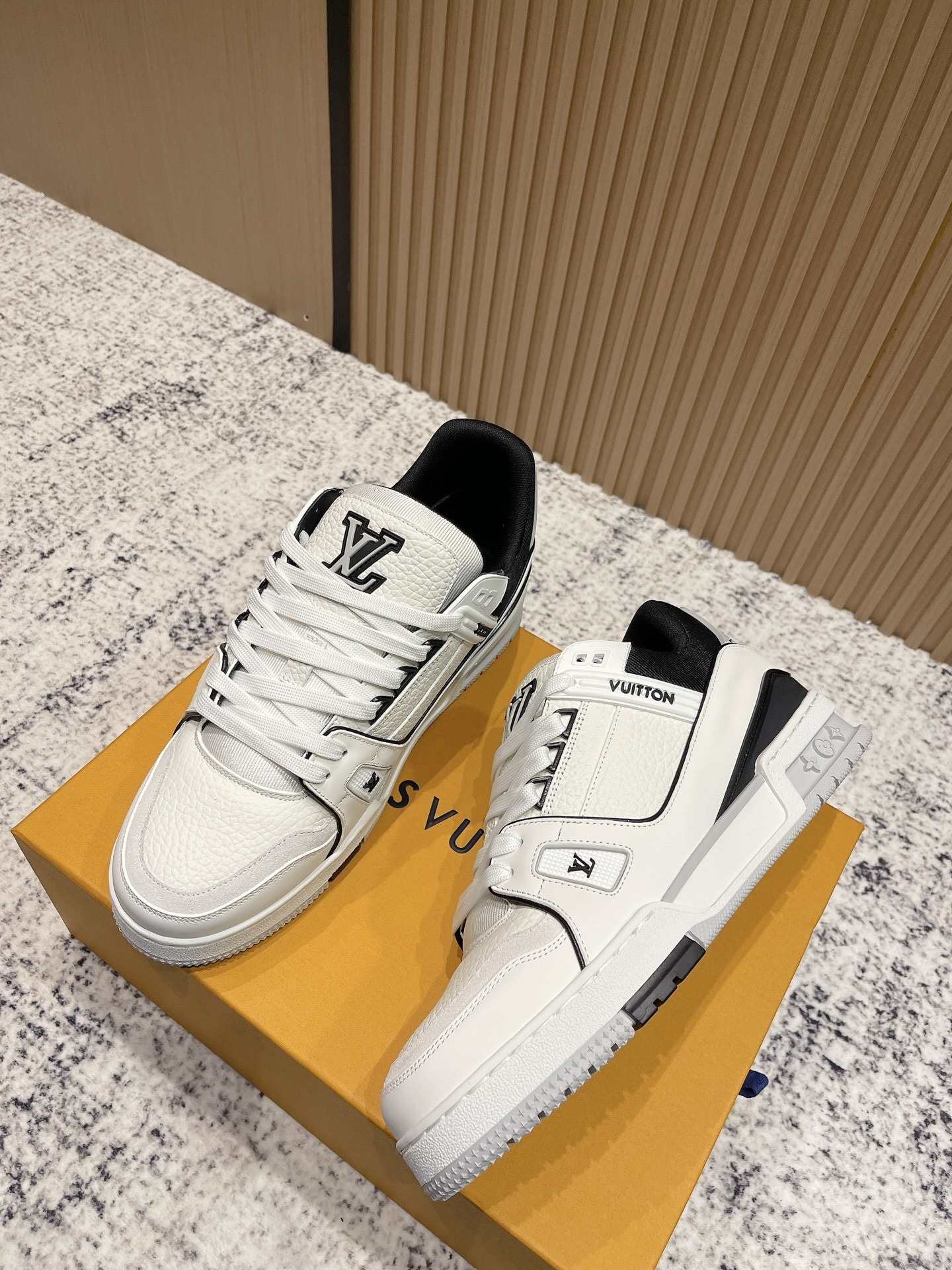 LV Trainer Sneakers - White & Black Pebbled Leather Luxury Shoes