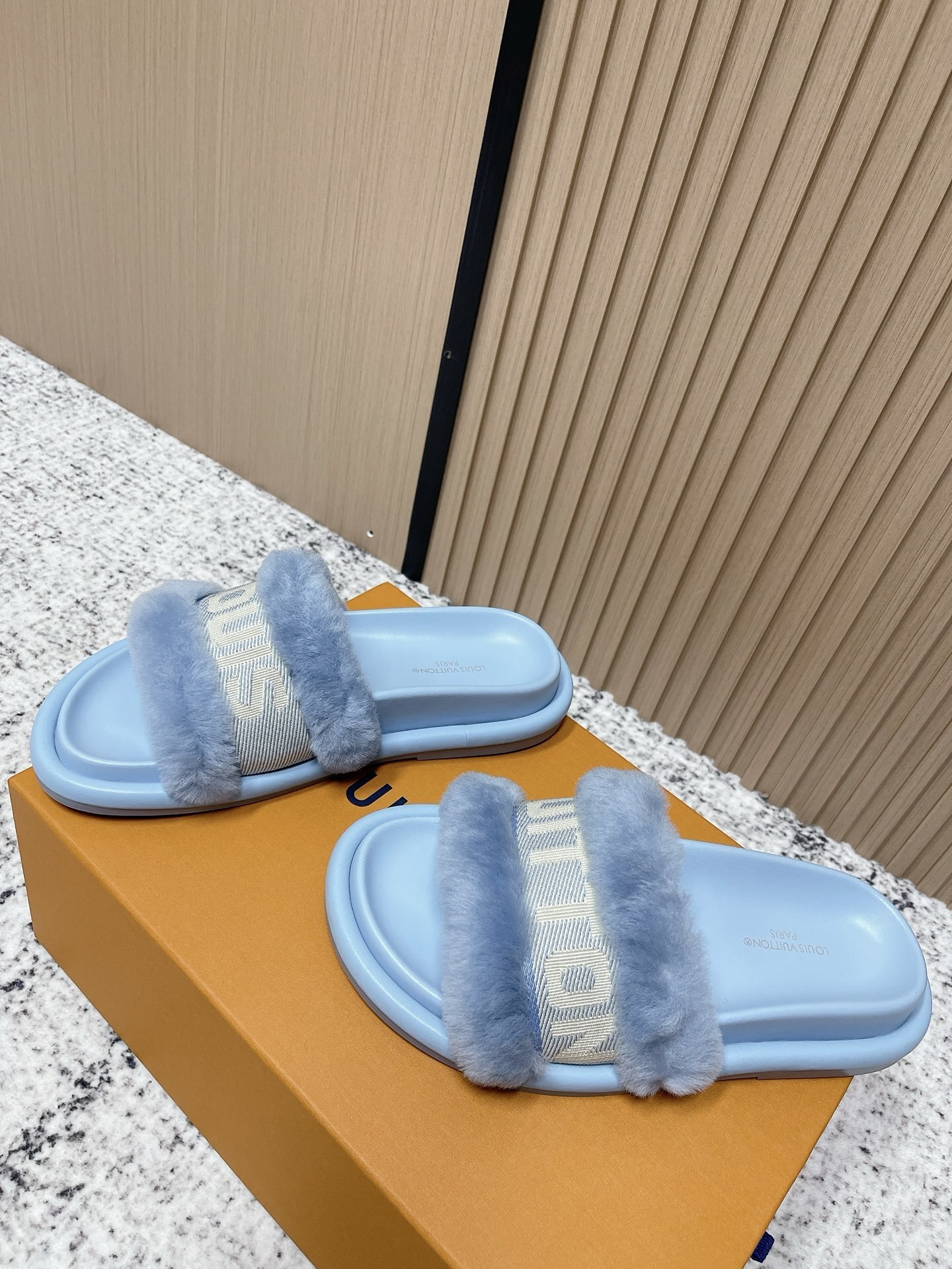 Louis Vuitton Light Blue Shearling Pool Pillow Comfort Mules