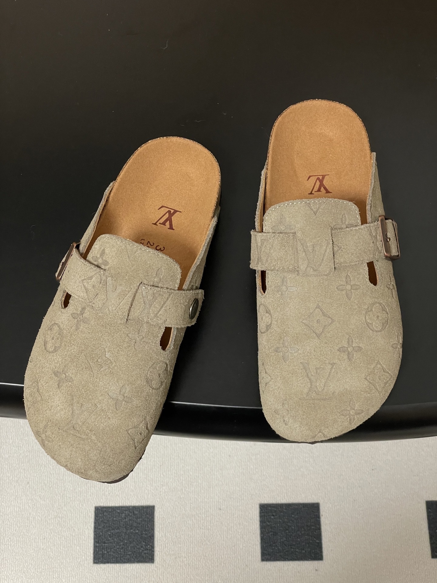 Designer Monogram Suede Clogs - Premium Cork Sole Mules