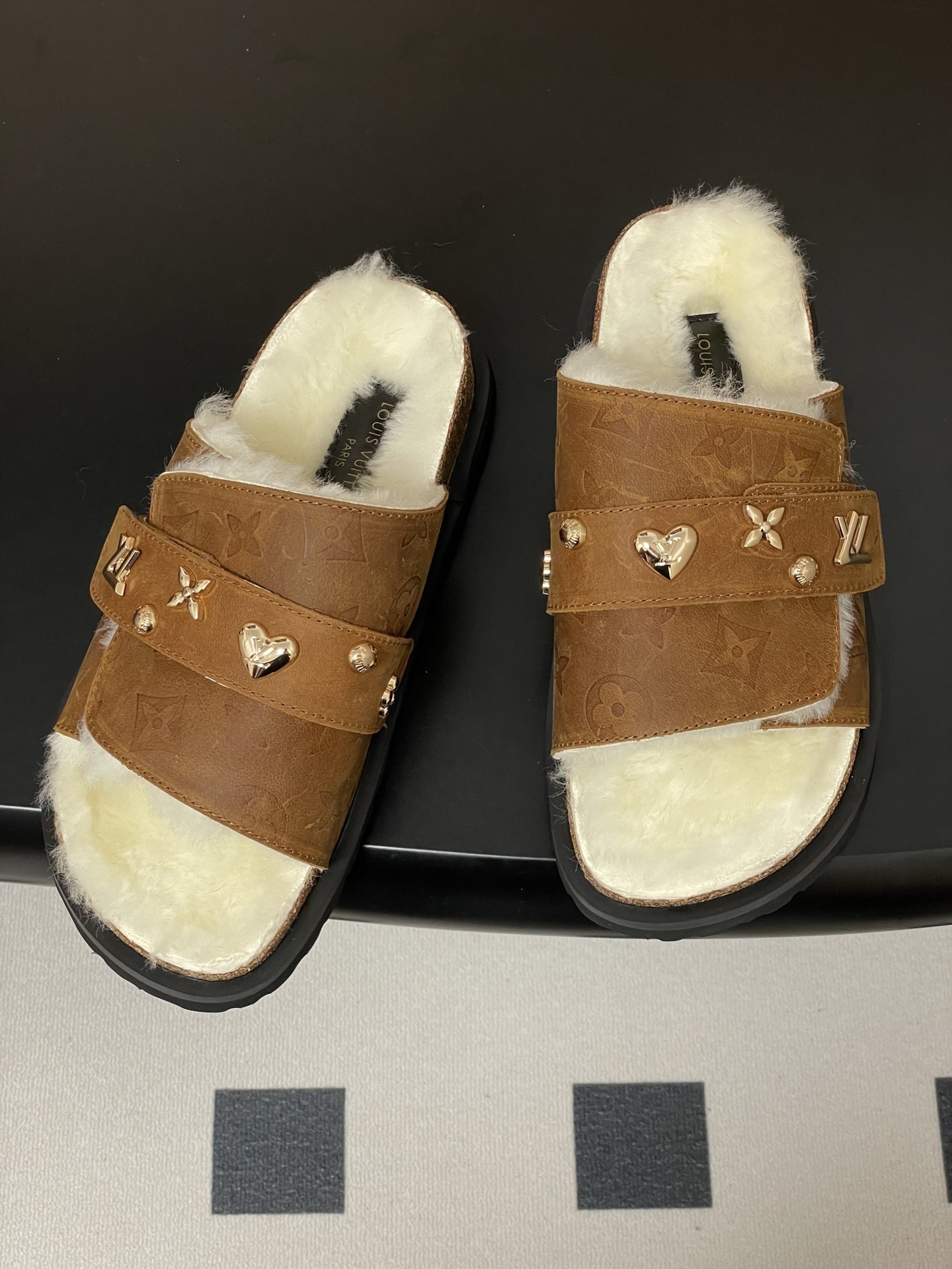 Luxury Monogram Fur Slides - Brown Shearling Sandals with Charms