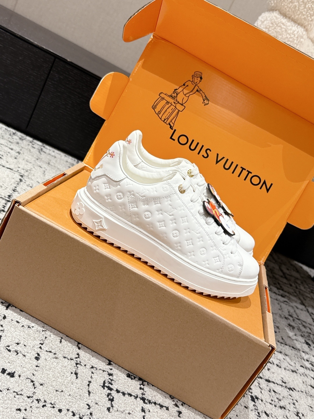 Louis Vuitton White Monogram Leather Sneakers with Panda Characters