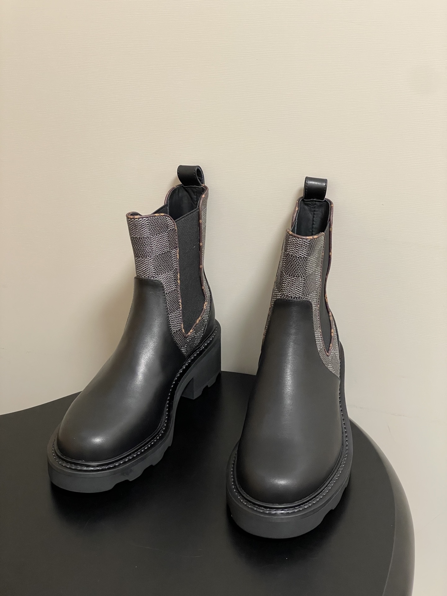 Women's Black Leather Chelsea Boots with Monogram Canvas Detail