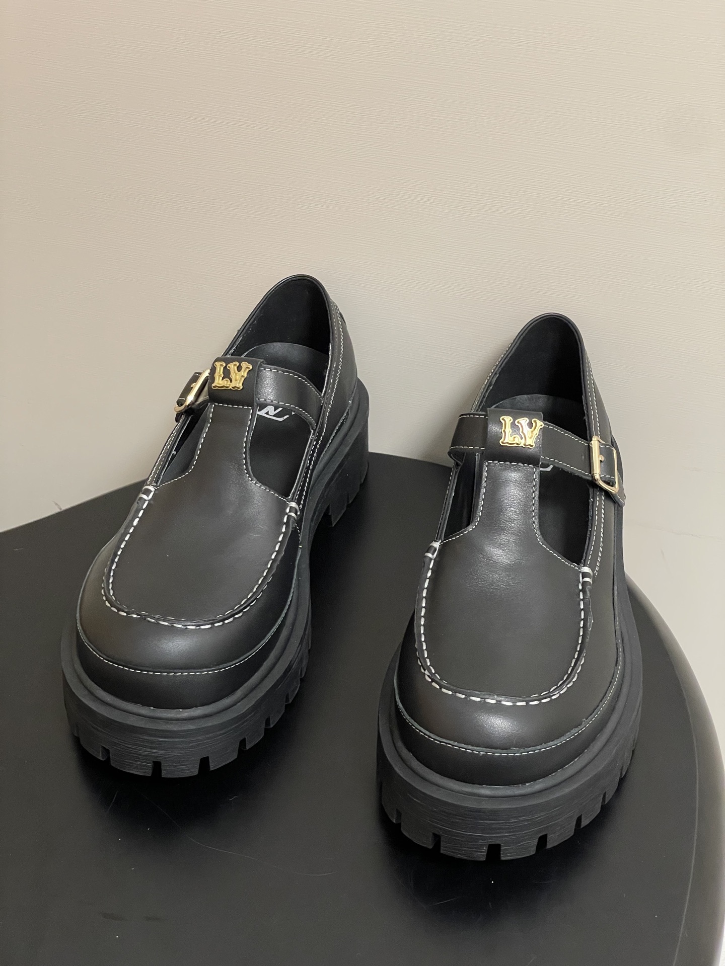 Women's Black Chunky Platform Mary Jane Loafers with White Stitching