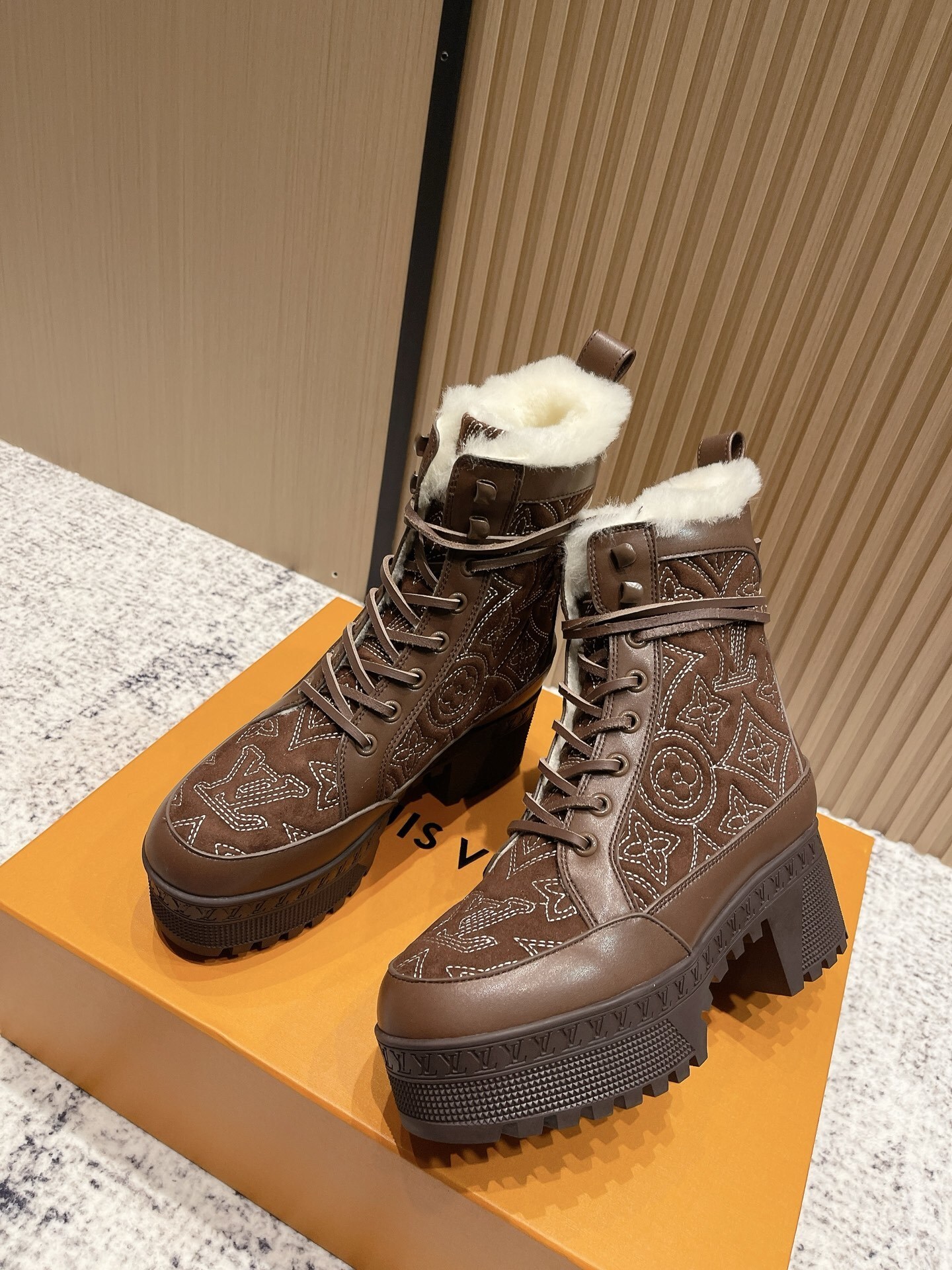 Louis Vuitton Women's Monogram Brown Suede Shearling Ankle Boots