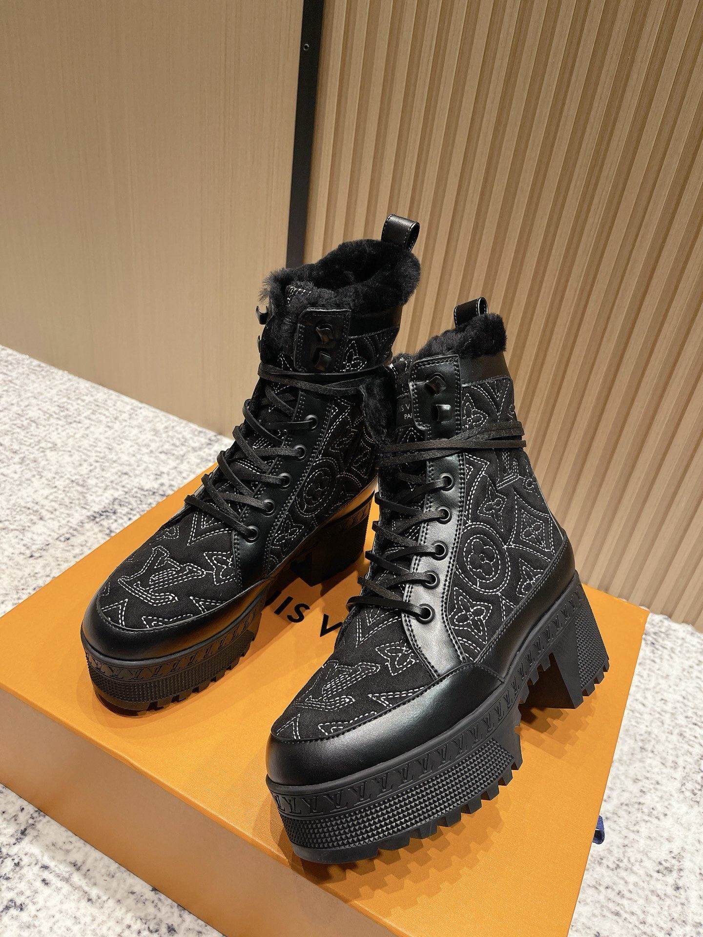 Women's Monogram Fur-Lined Platform Combat Ankle Boots - Black