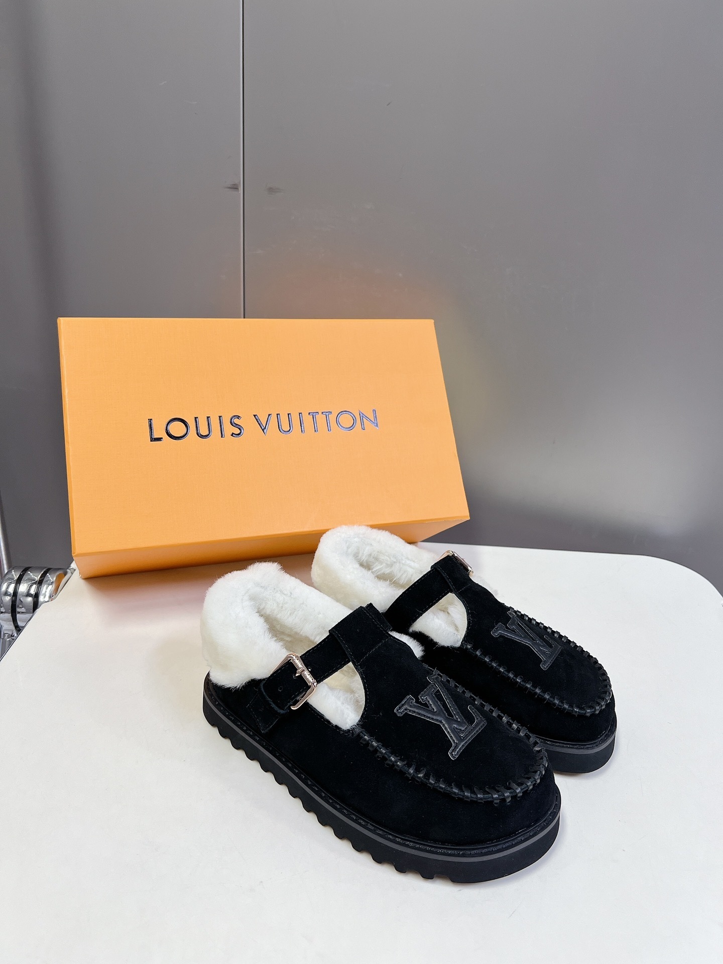 Louis Vuitton Black Suede Shearling-Lined Loafers with LV Logo