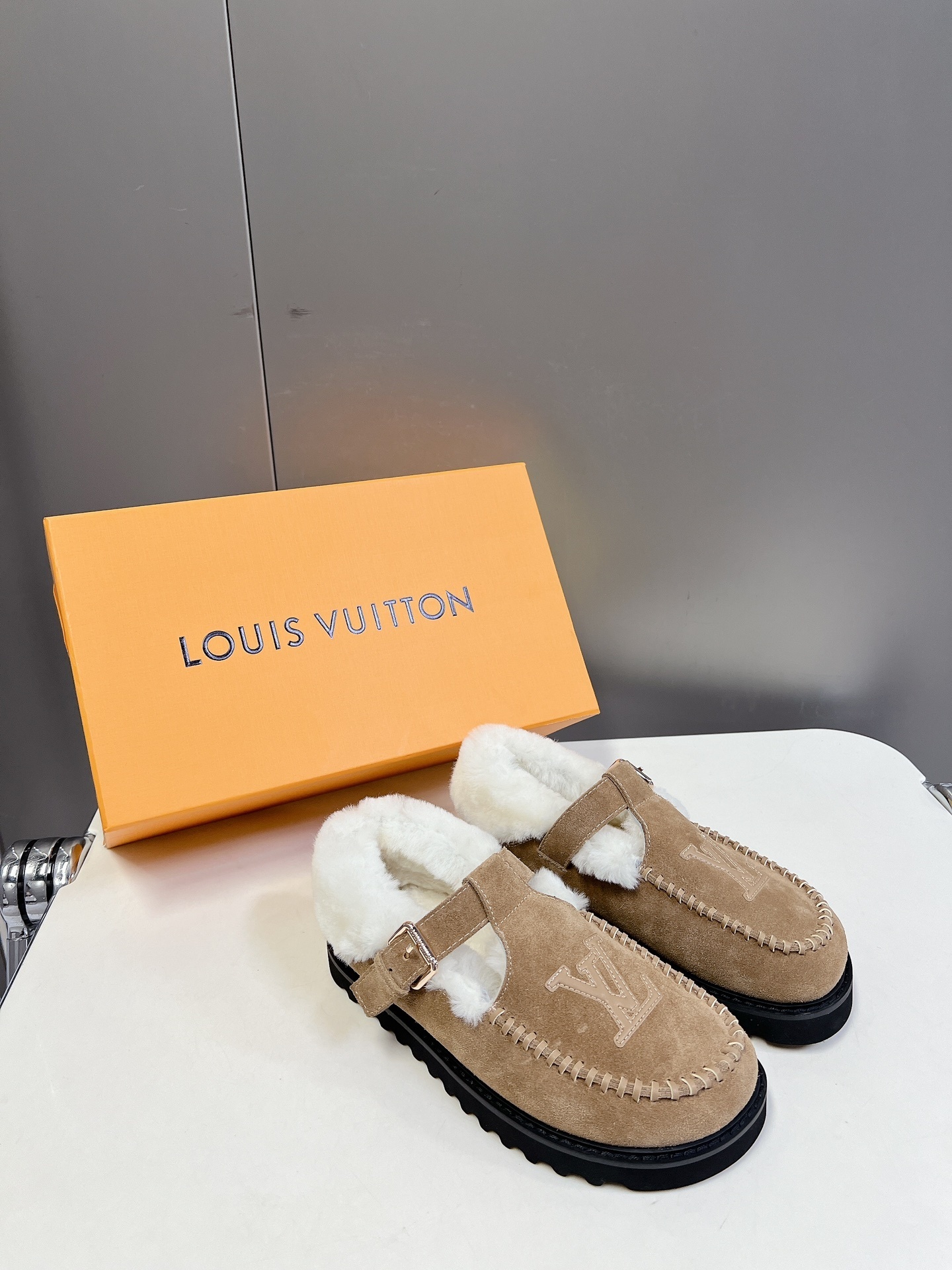 Louis Vuitton Tan Suede Shearling-Lined Mules with LV Logo