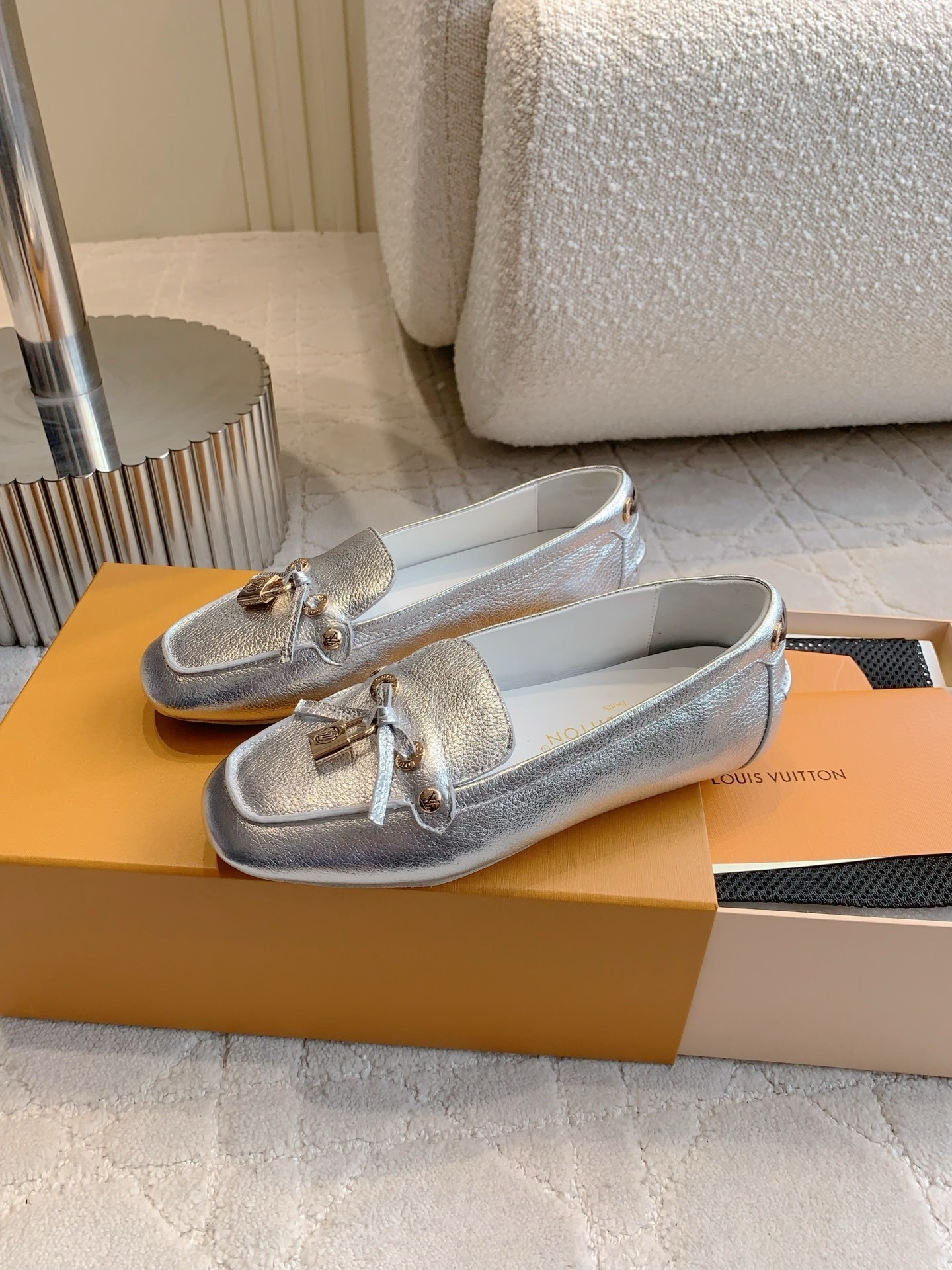 Louis Vuitton Silver Metallic Leather Loafers with Padlock Detail