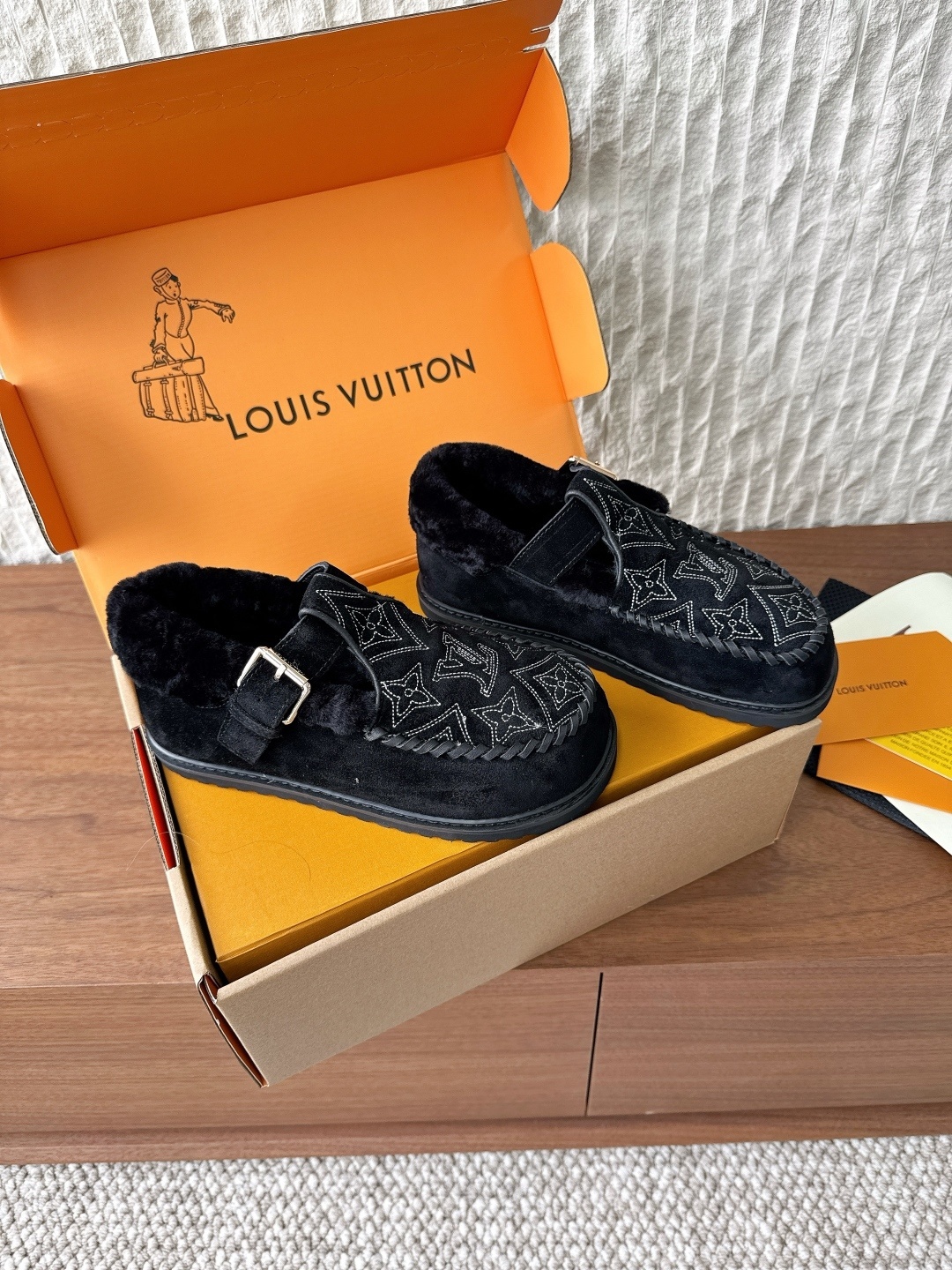 Louis Vuitton Black Suede Monogram Shearling Snow Loafers
