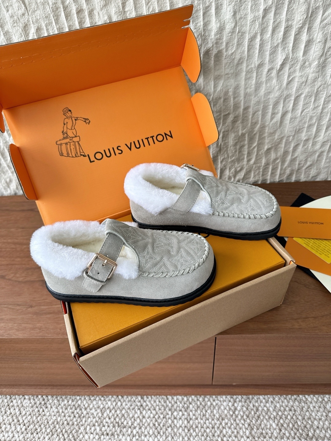 Louis Vuitton Monogram Embossed Shearling Mules - Beige Suede
