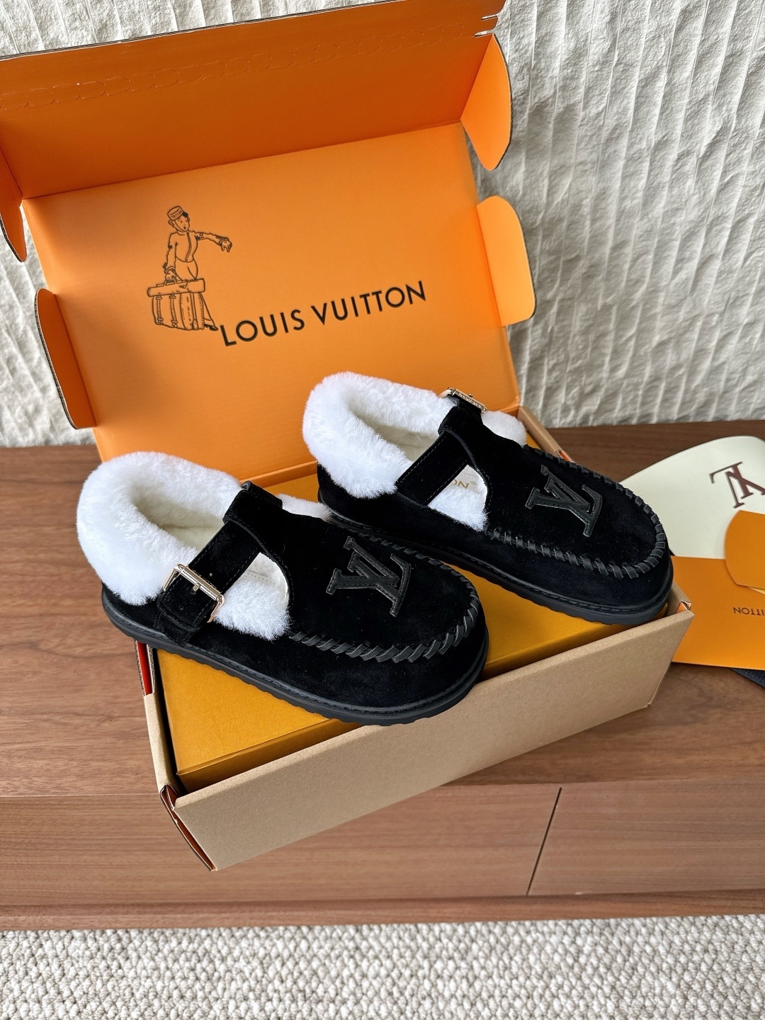 Louis Vuitton Black Suede Shearling Mules with LV Logo