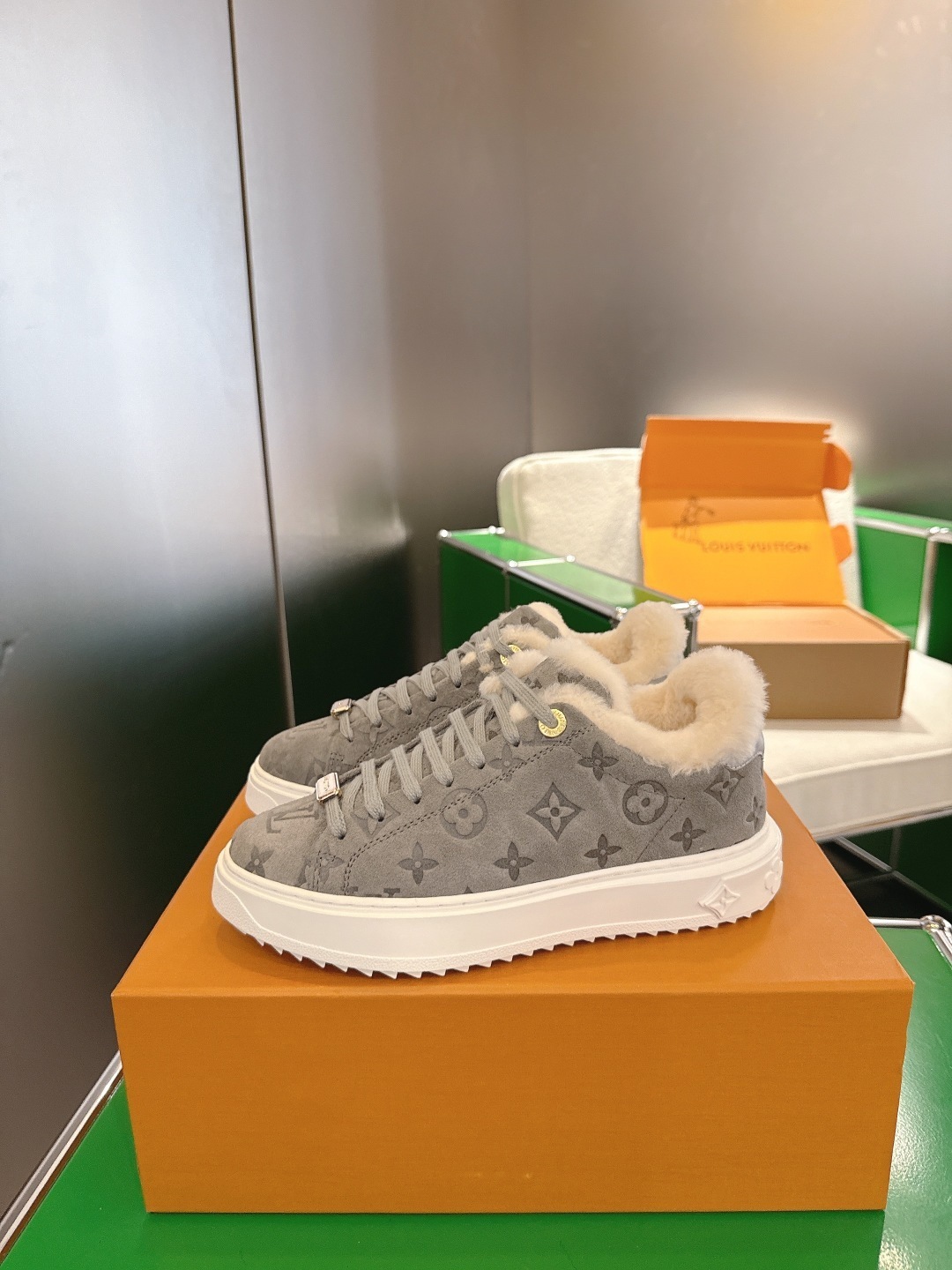 Louis Vuitton Monogram Suede Shearling Sneakers - Grey