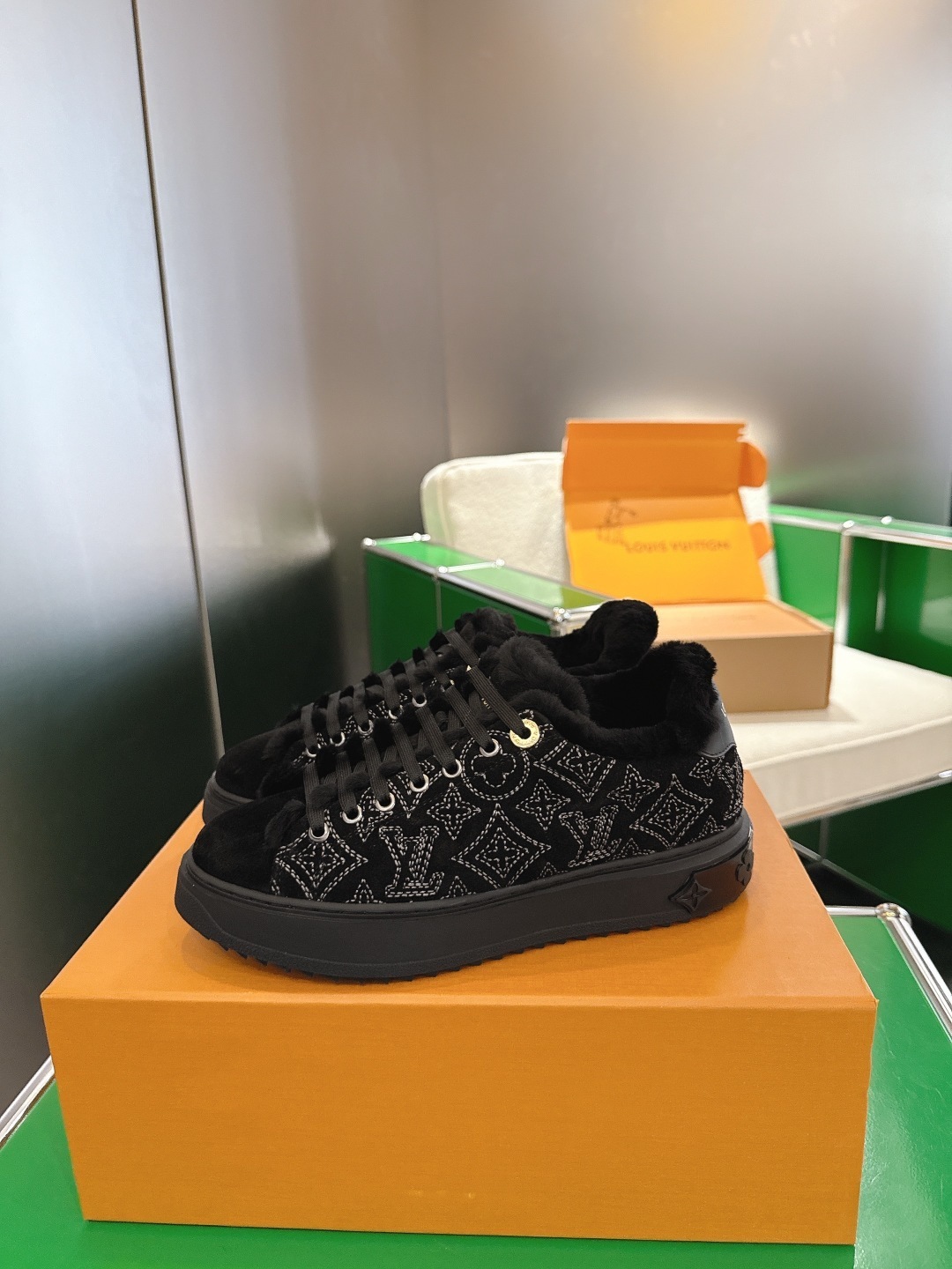 Louis Vuitton Black Monogram Shearling Fur-Lined Sneakers